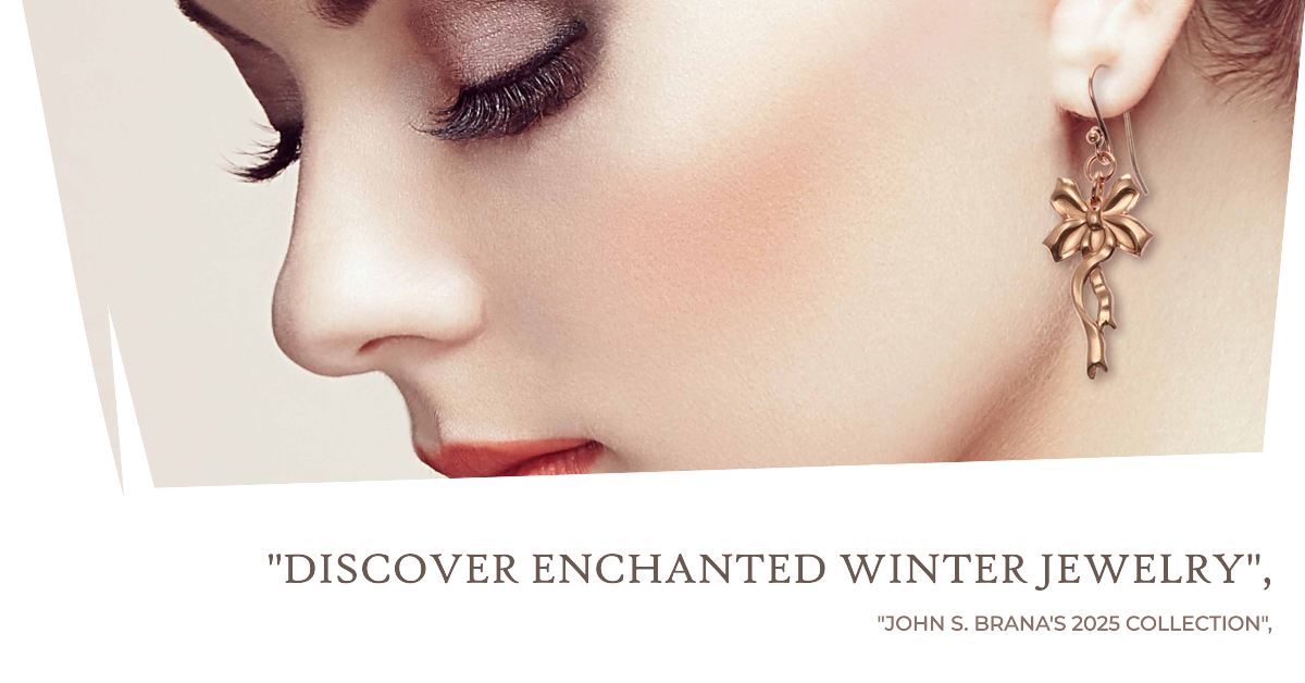 Woman Wearing Ribbon Earrings, with text " Discover Enchanted Winter Jewelry"