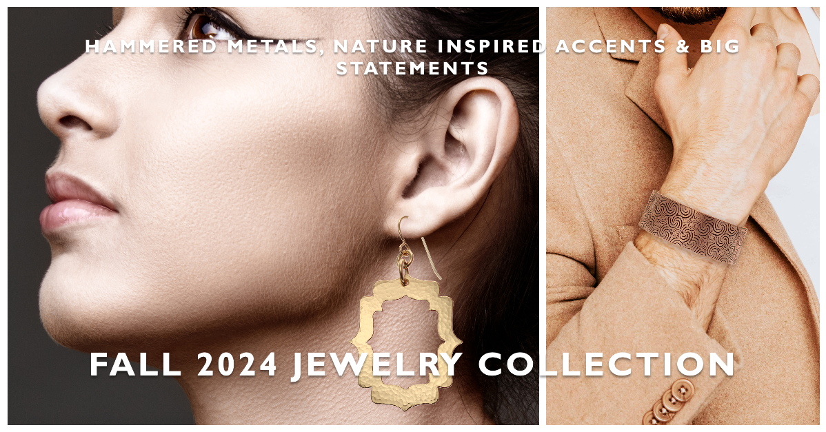 Side profile of a woman with a metal earring and a man's hand with a bold bracelet. "Fall 2024 Jewelry Collection.