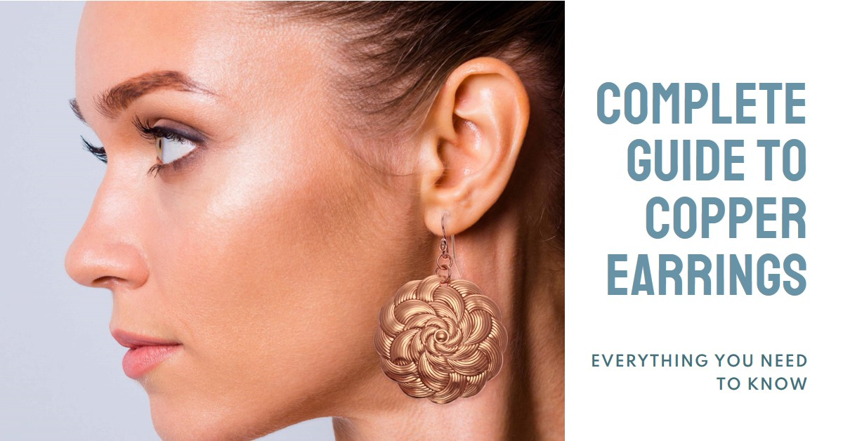 Female Model Wearing Copper Mandala Earrings, with text "Your Complete Guide to Women's Copper Earrings"