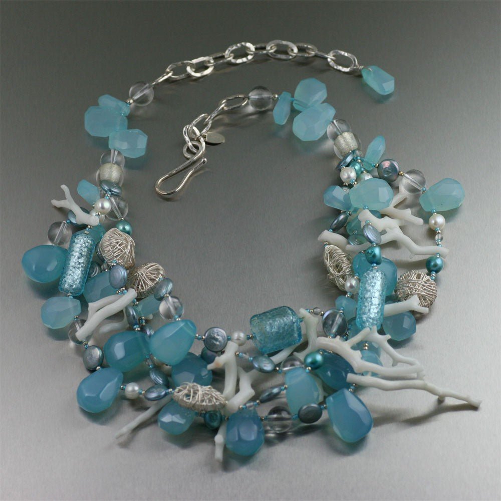 Handmade Beaded Statement Necklace in Turquoise Aqua & White - Turquoise  Textures