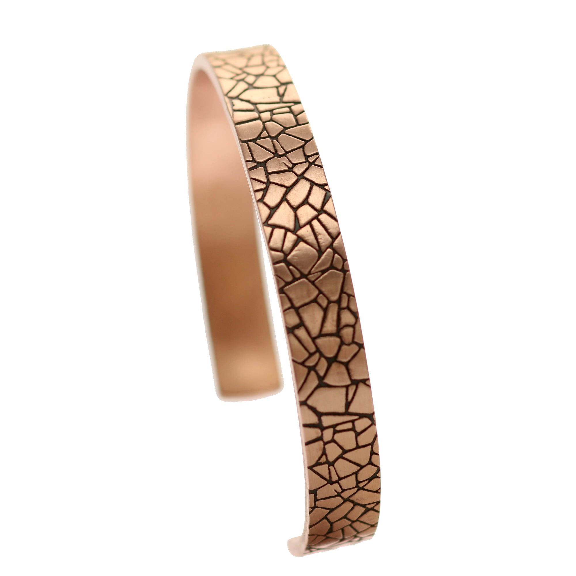 Left View of 10mm Wide Men's Embossed Mosaic Solid Copper Cuff
