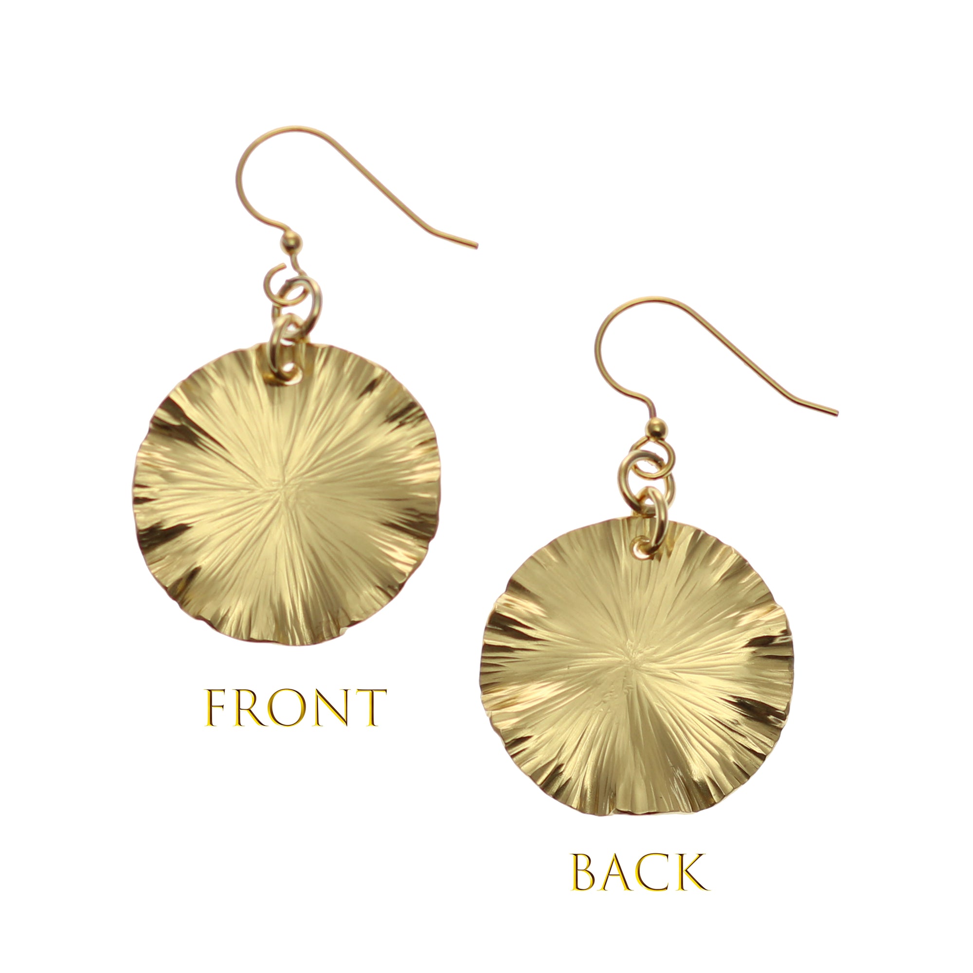 Small Nu Gold Brass Lily Pad Leaf Earrings Front and Back Views