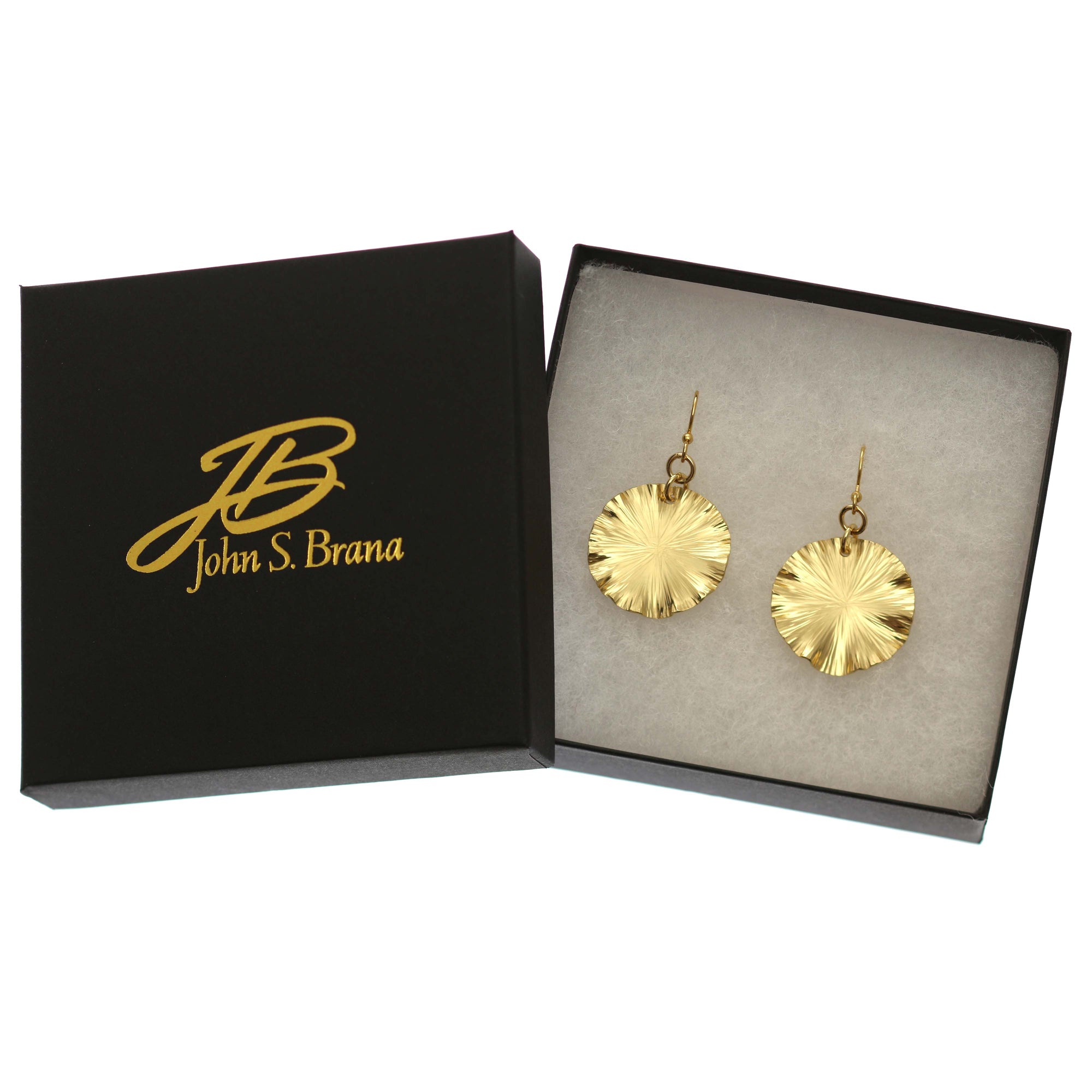 Small Nu Gold Brass Lily Pad Leaf Earrings in Black Gift Box