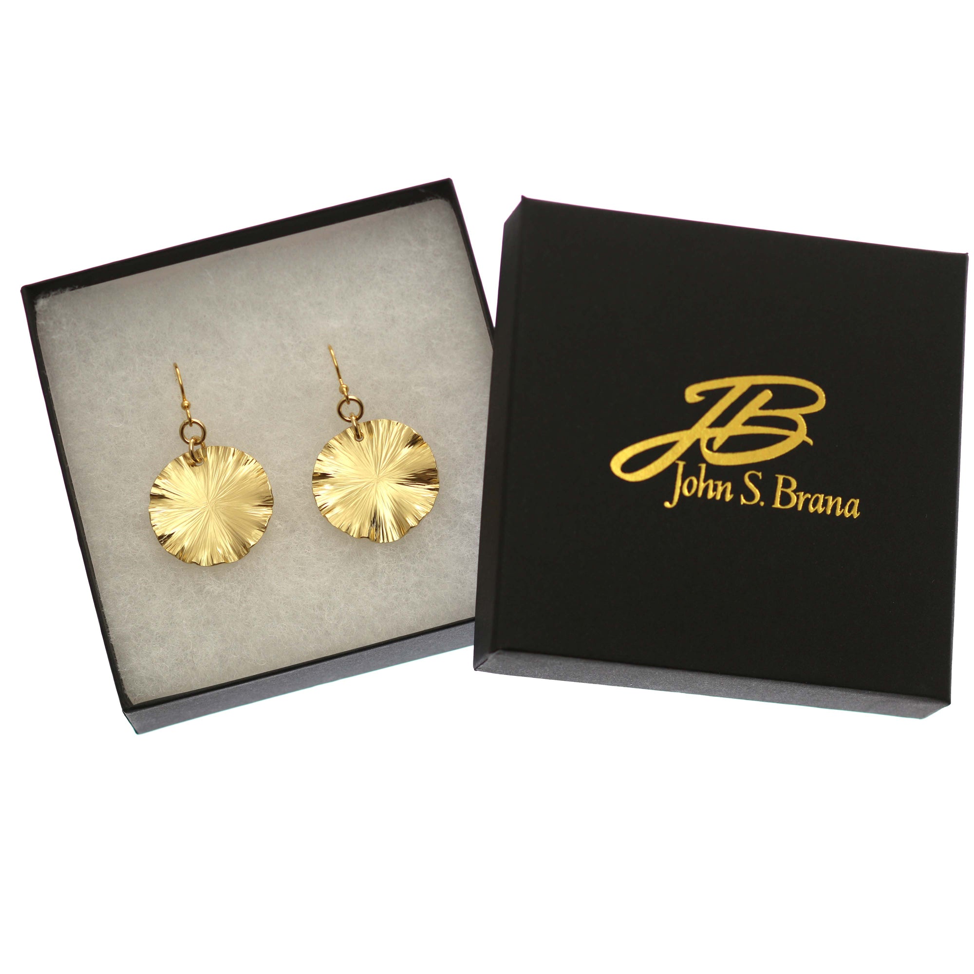 Small Nu Gold Brass Lily Pad Leaf Earrings in Black Gift Box with Gold Logo