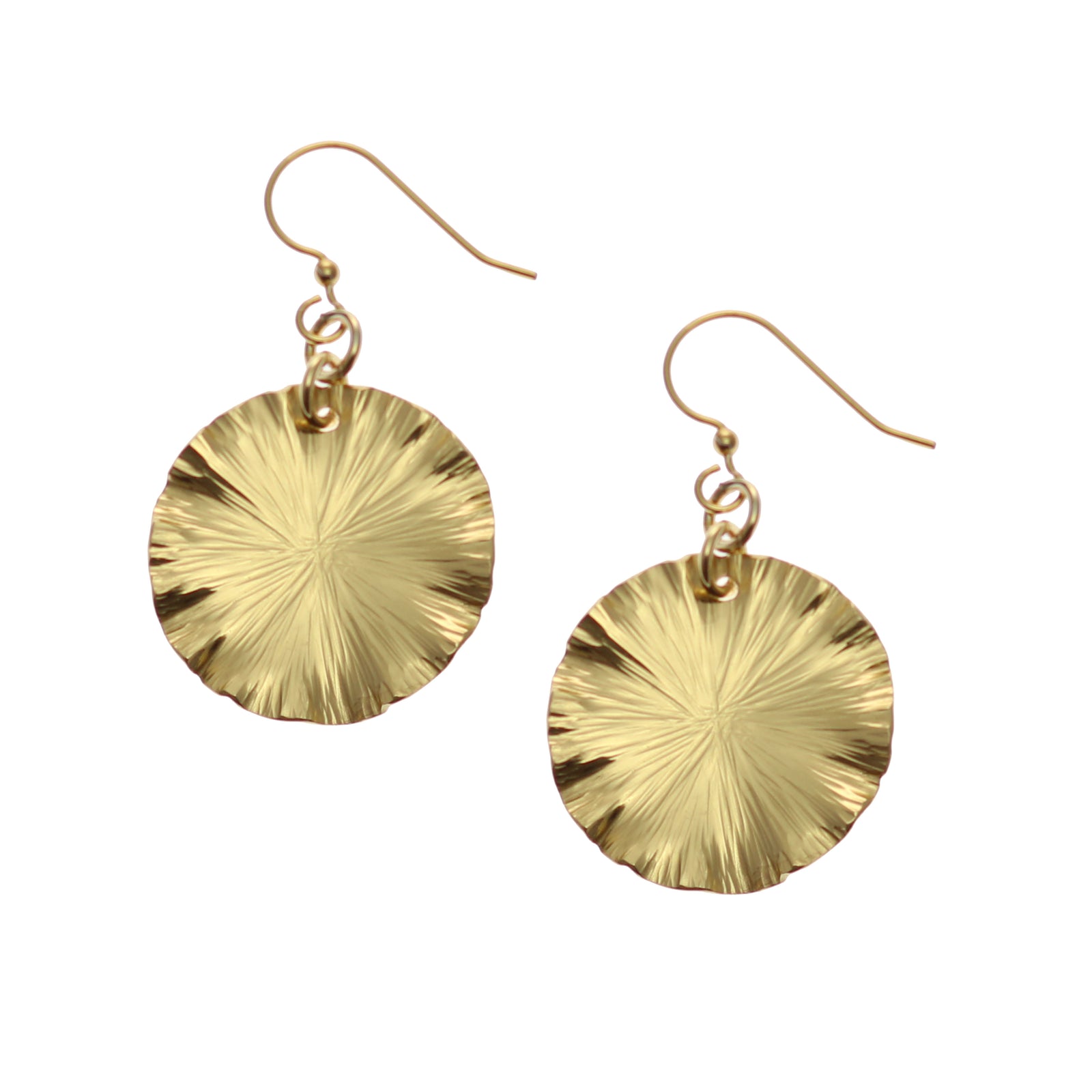 A Pair Small Nu Gold Brass Lily Pad Leaf Earrings on a White Background