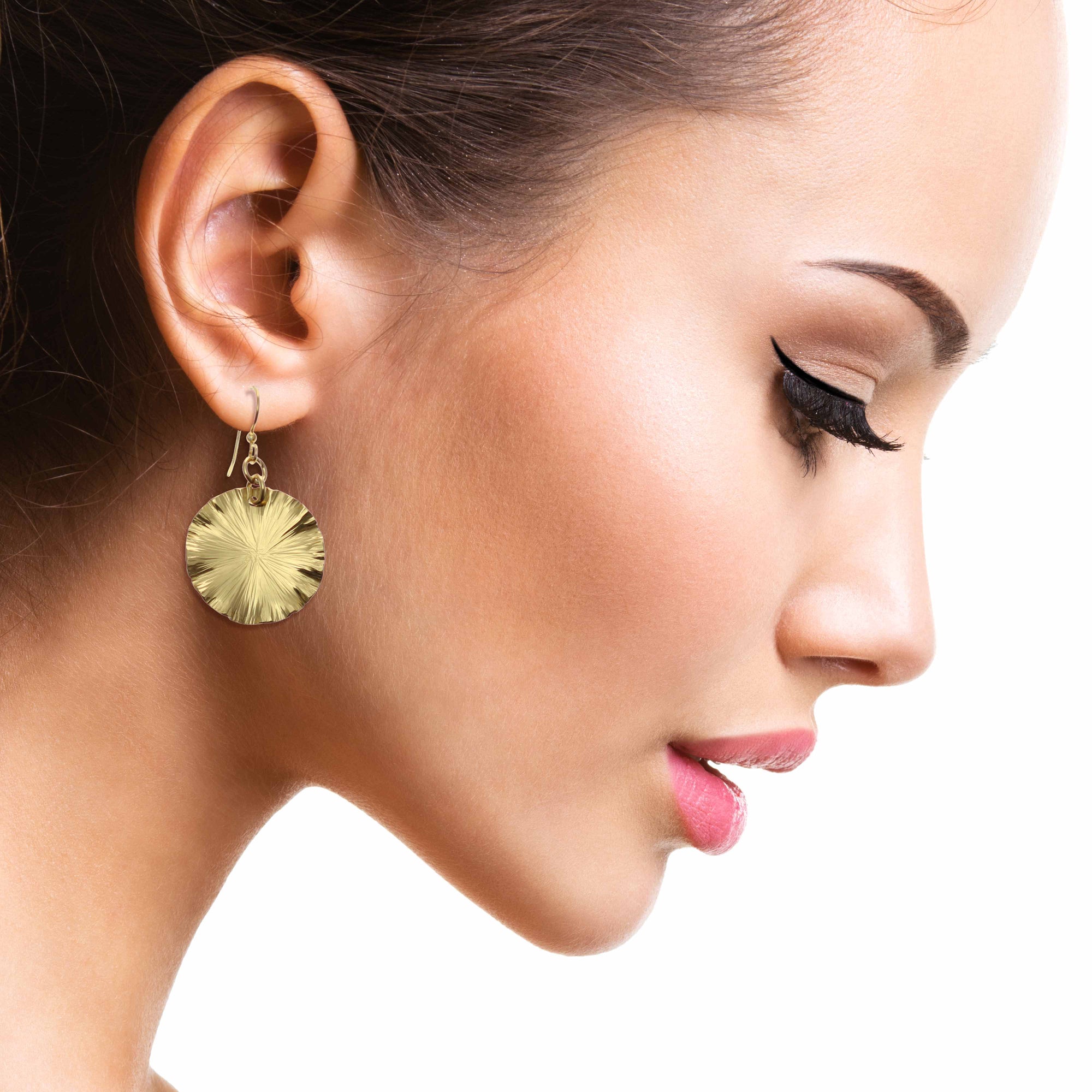 Elegant Woman Wearing Small Nu Gold Brass Lily Pad Leaf Earrings