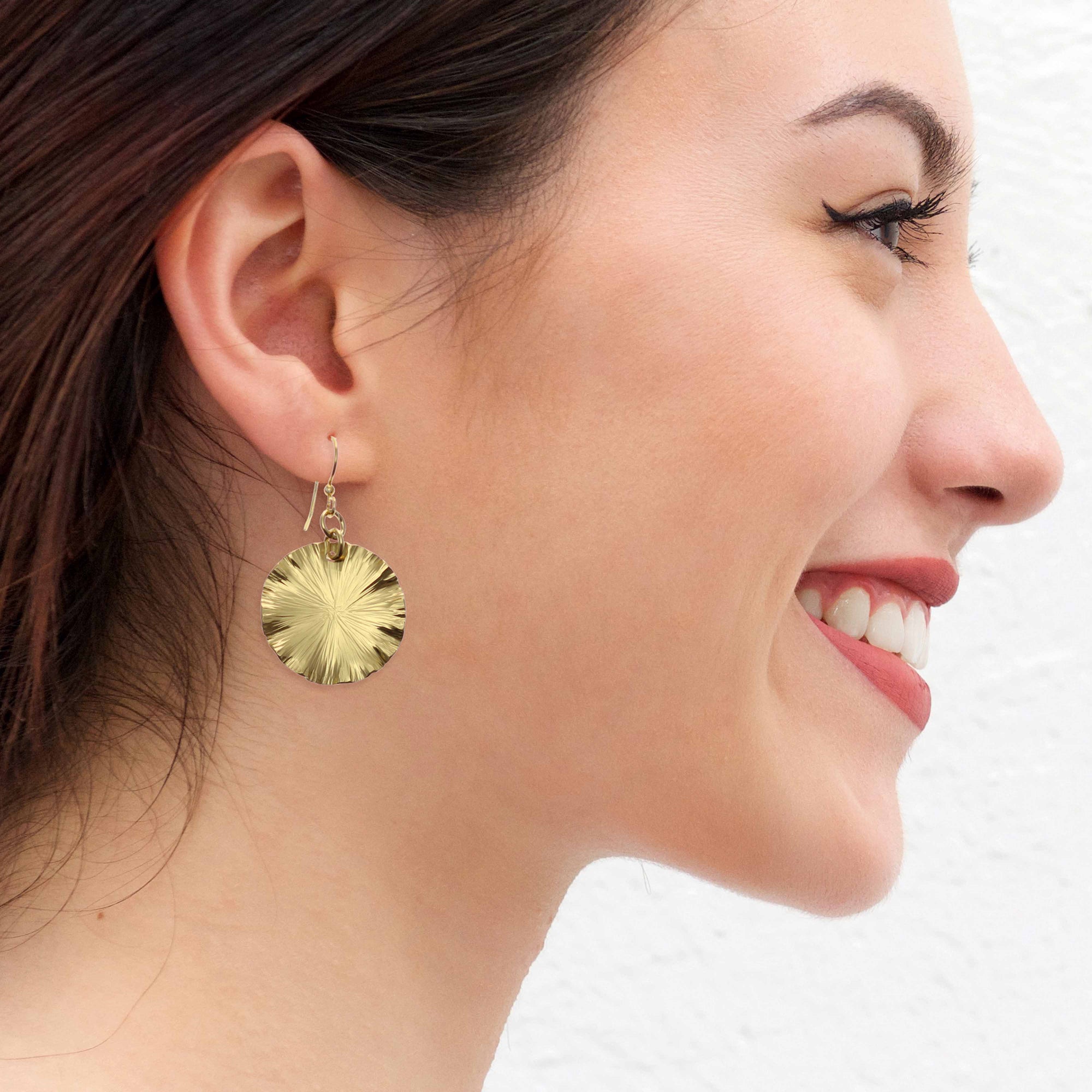 Fashionable Woman Wearing Small Nu Gold Brass Lily Pad Leaf Earrings