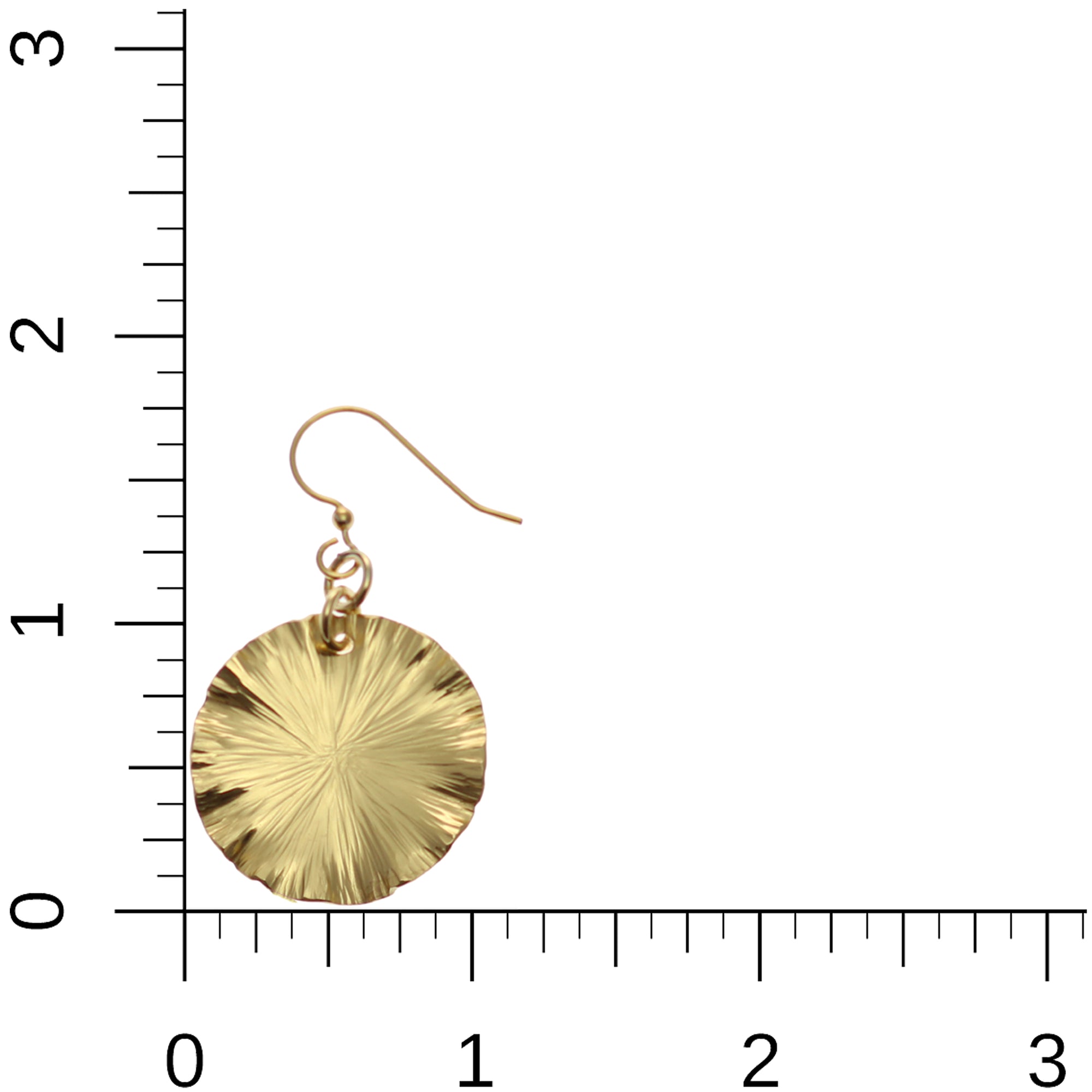 Small Nu Gold Brass Lily Pad Leaf Earrings on Ruler for Size Dimensions