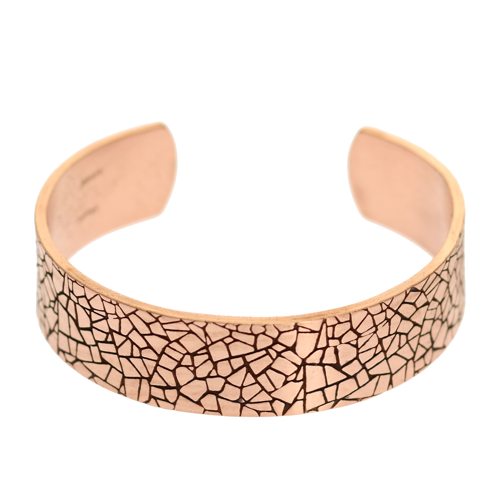Men's 3/4 Inch Wide Mosaic Embossed Solid Copper Cuff  Laying Flat on White Background