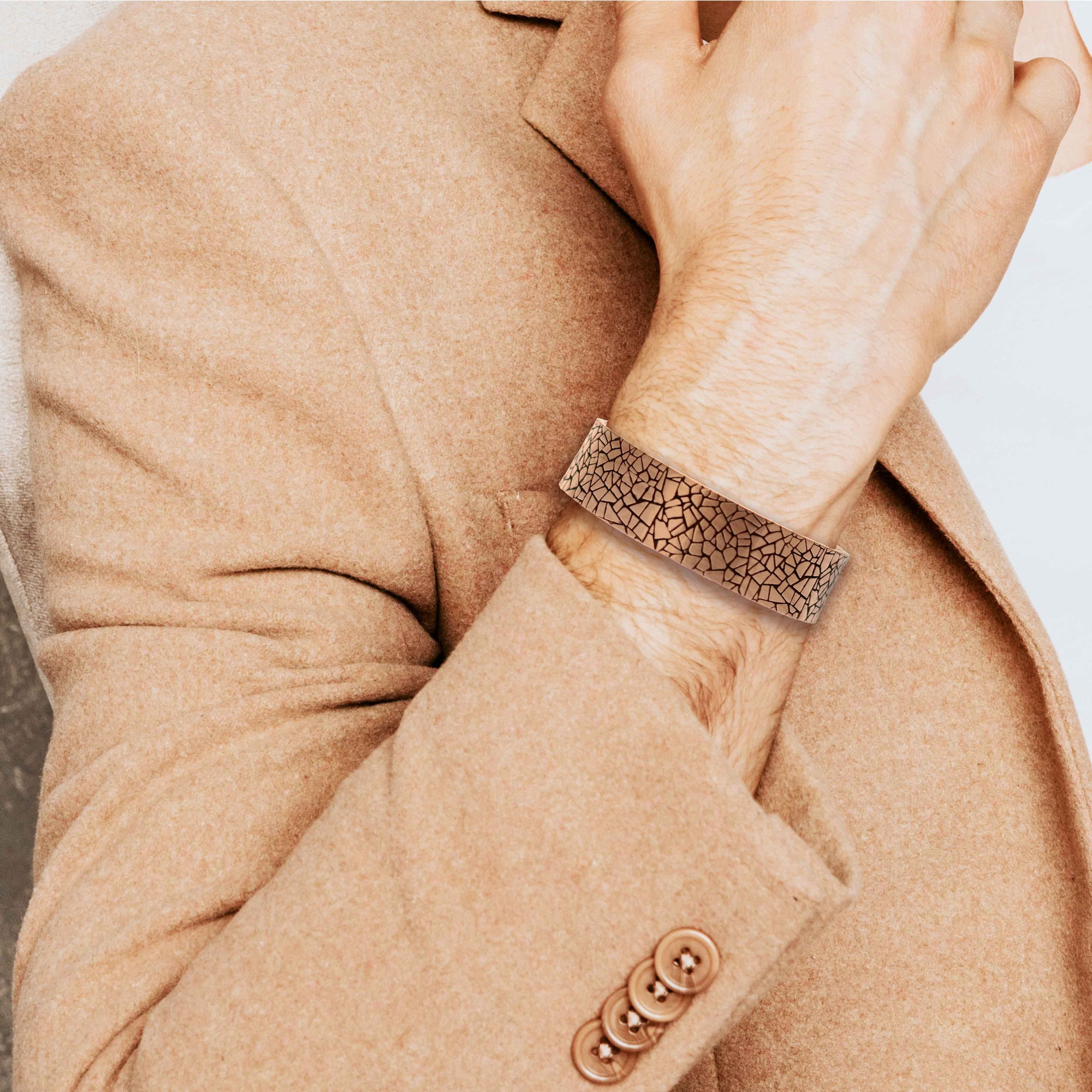 Stylish Man in Tan Sportscoat Wearing Men's 3/4 Inch Wide Mosaic Embossed Solid Copper Cuff 