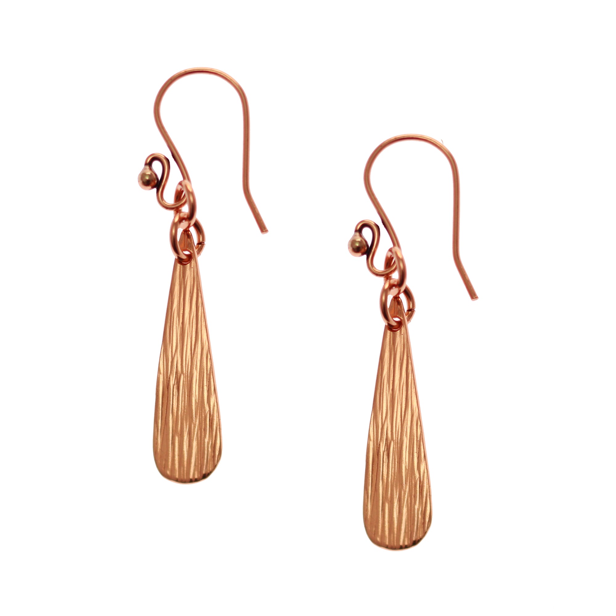 A Pair of Bark Embossed Mini Copper Teardrop Earrings on a White Background