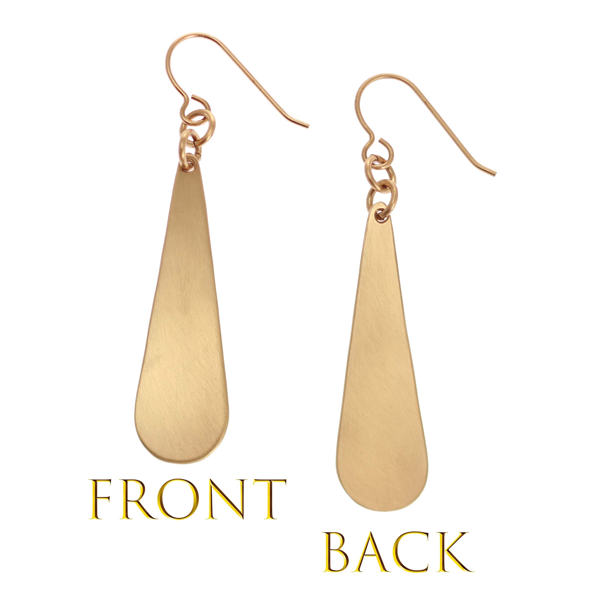 Brushed Bronze Long Teardrop Earrings Front and Back Views