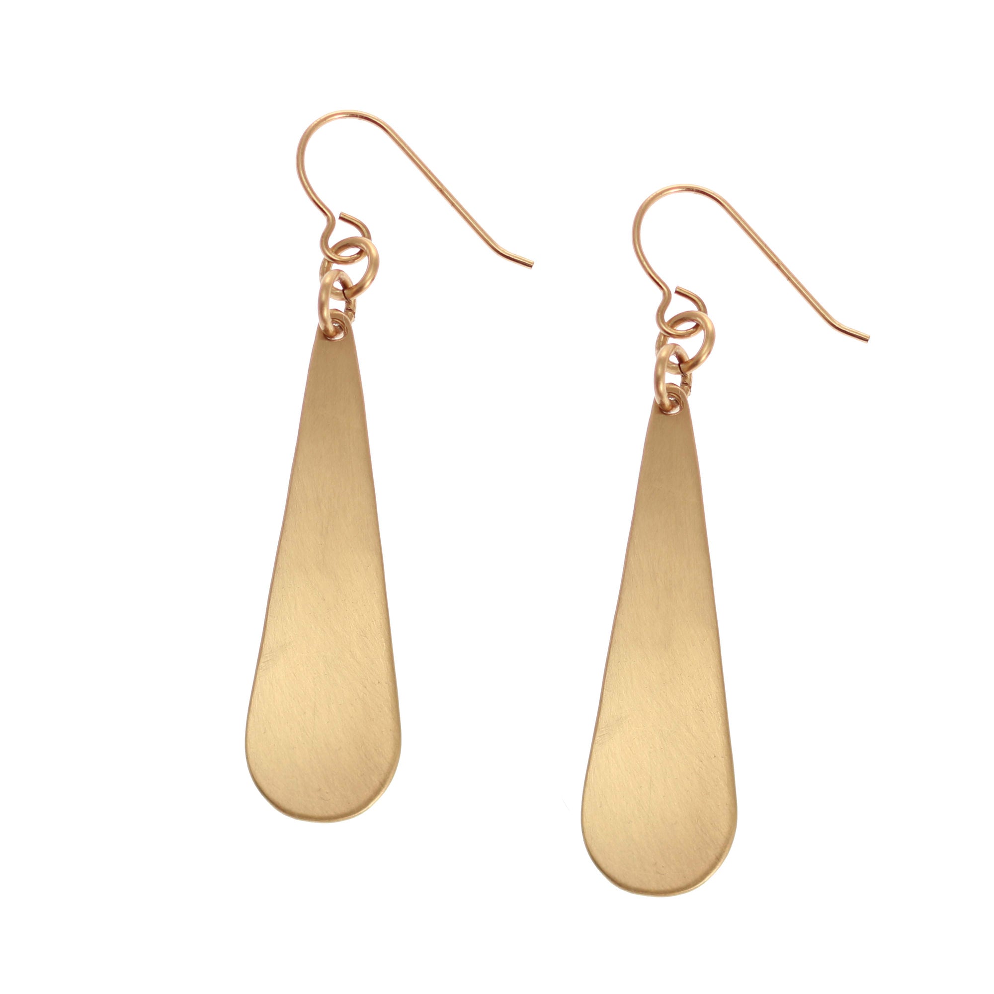 A Pair of Brushed Bronze Long Teardrop Earrings on a White Background