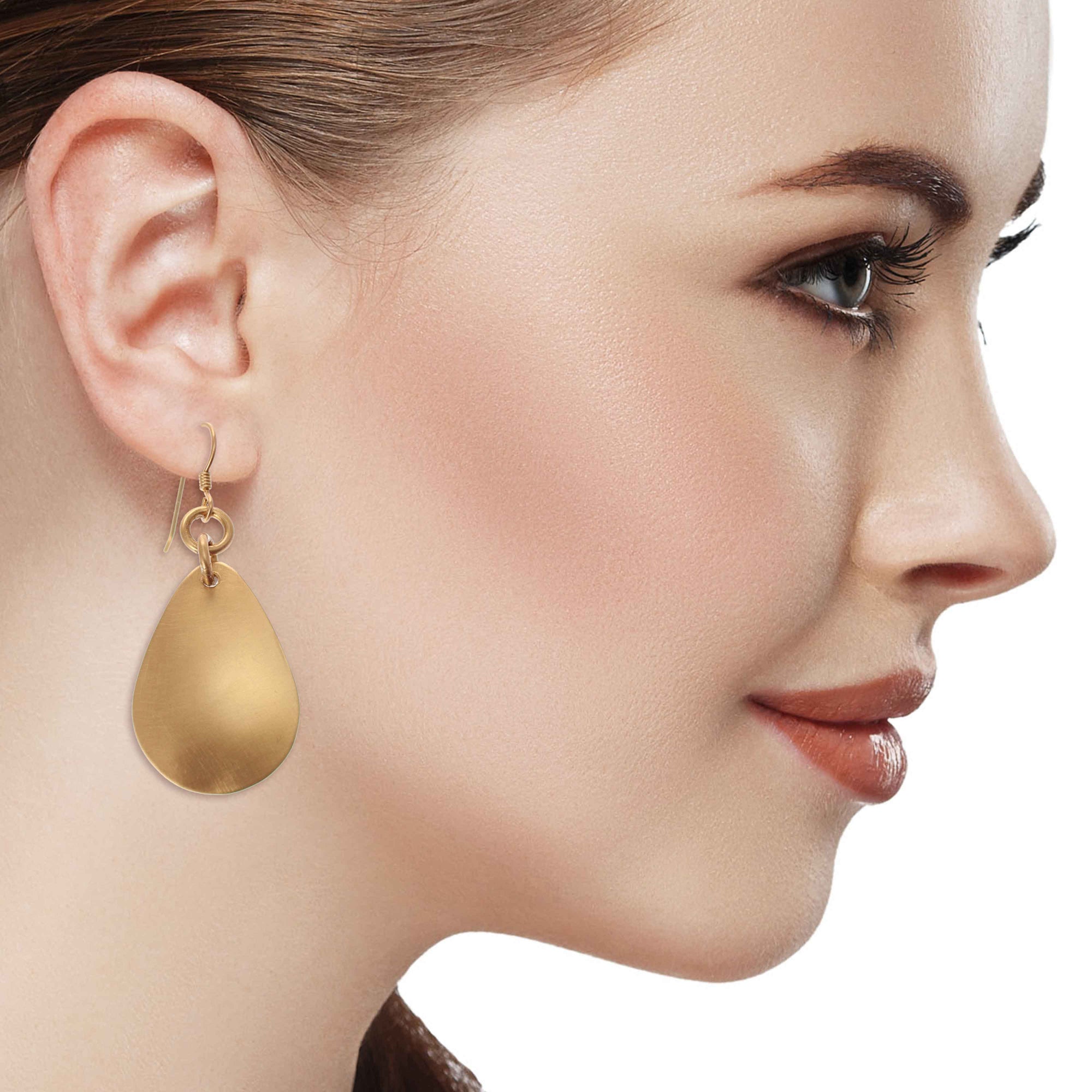 Stunning Woman Wearing Brushed Bronze Medium Teardrop Earrings