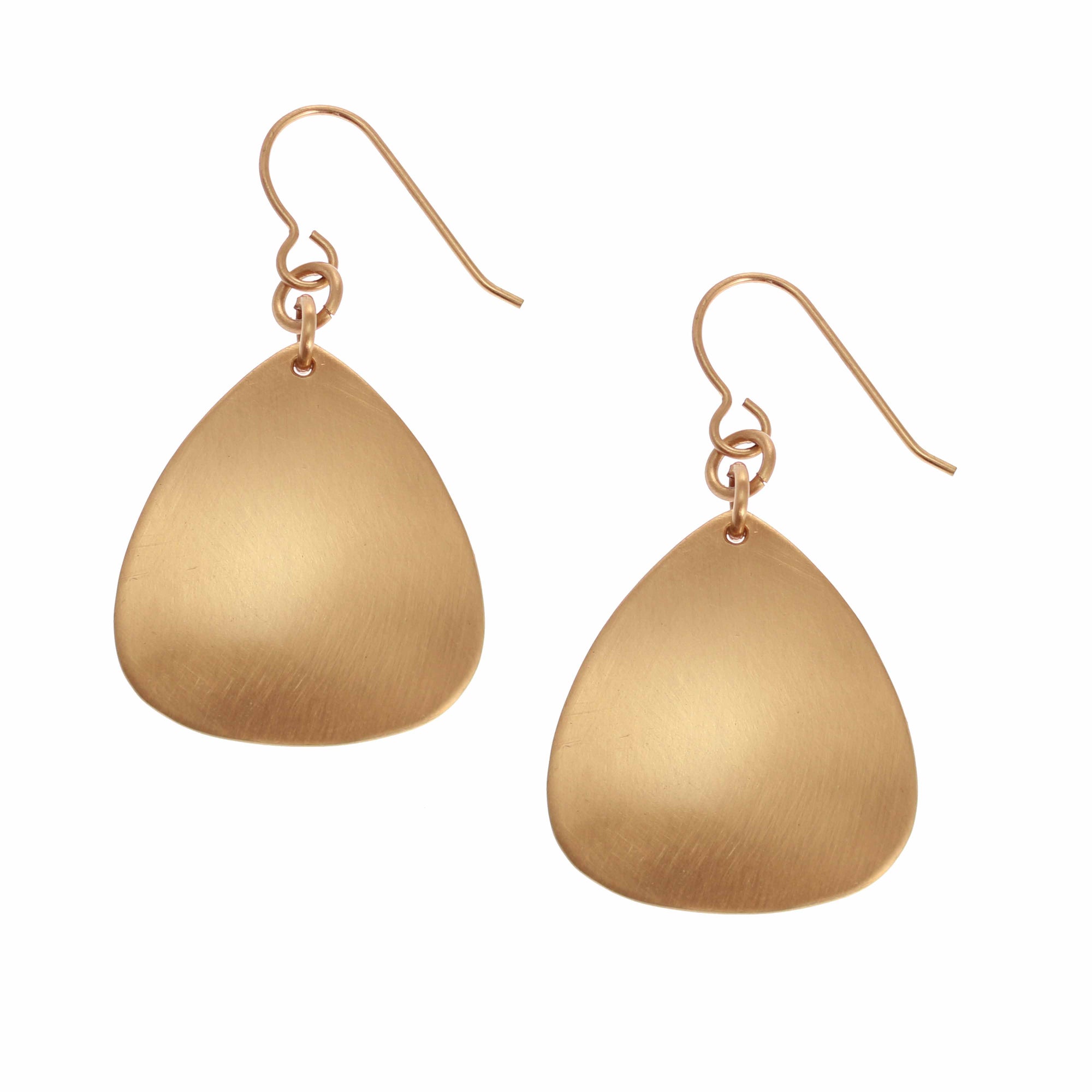 A Pair of Brushed Bronze Triangular Drop Earrings on a White Background