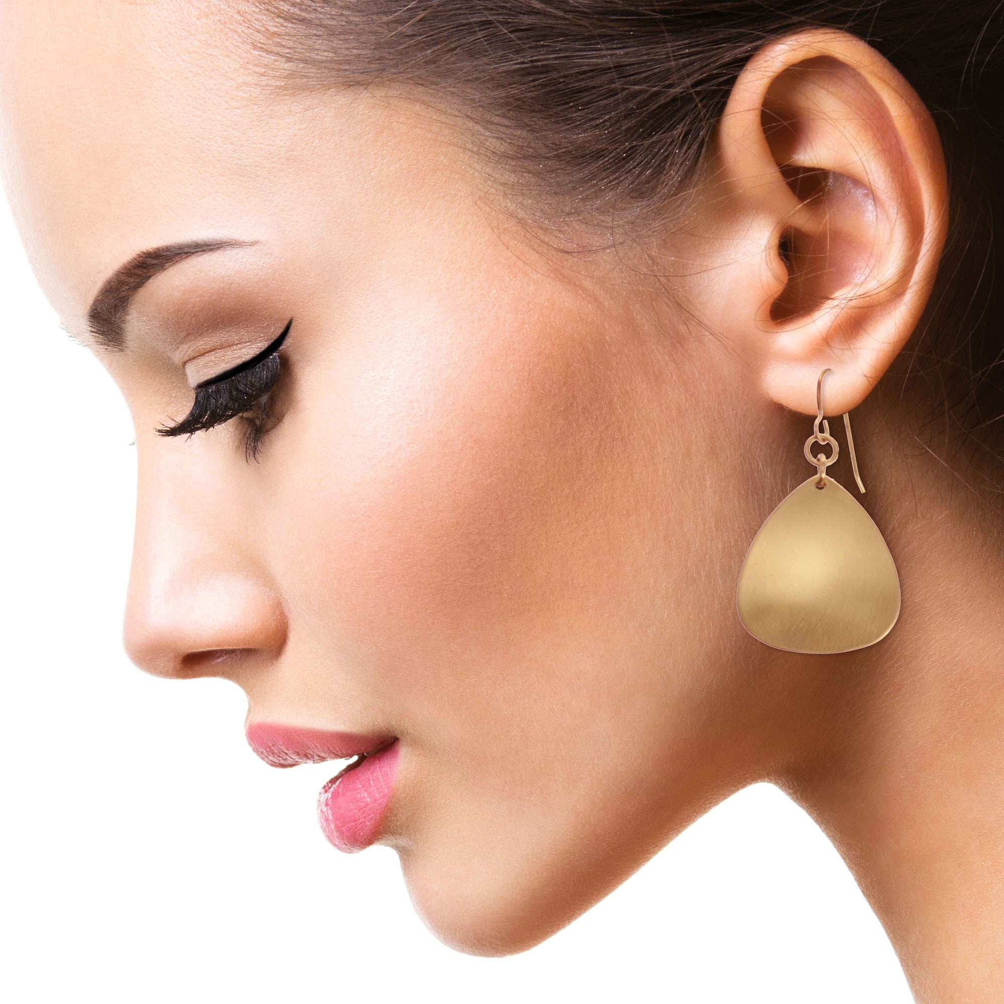 Stunning Woman Wearing Brushed Bronze Triangular Drop Earrings