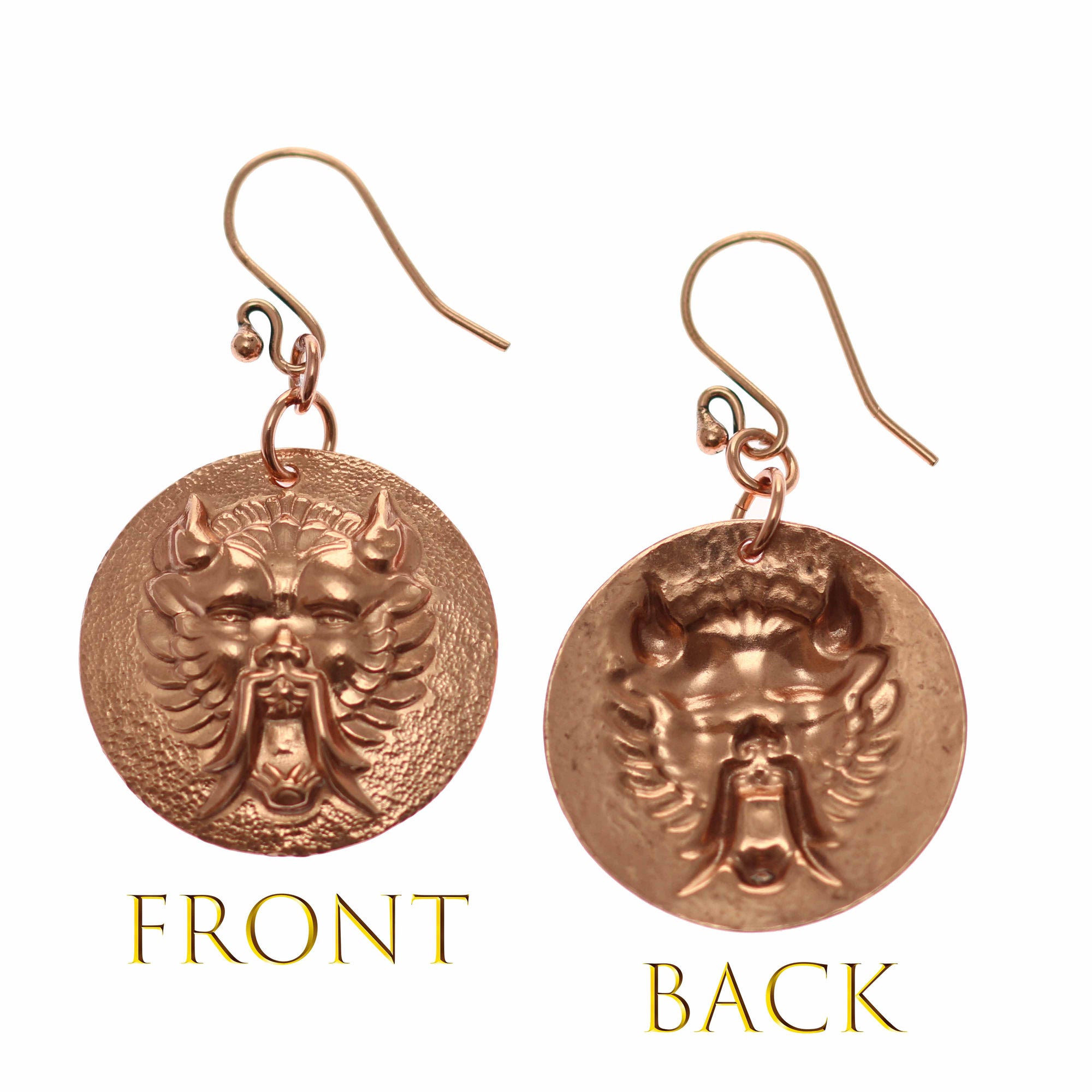 Front and Back View of Chinese Foo Dog Copper Disc Earrings