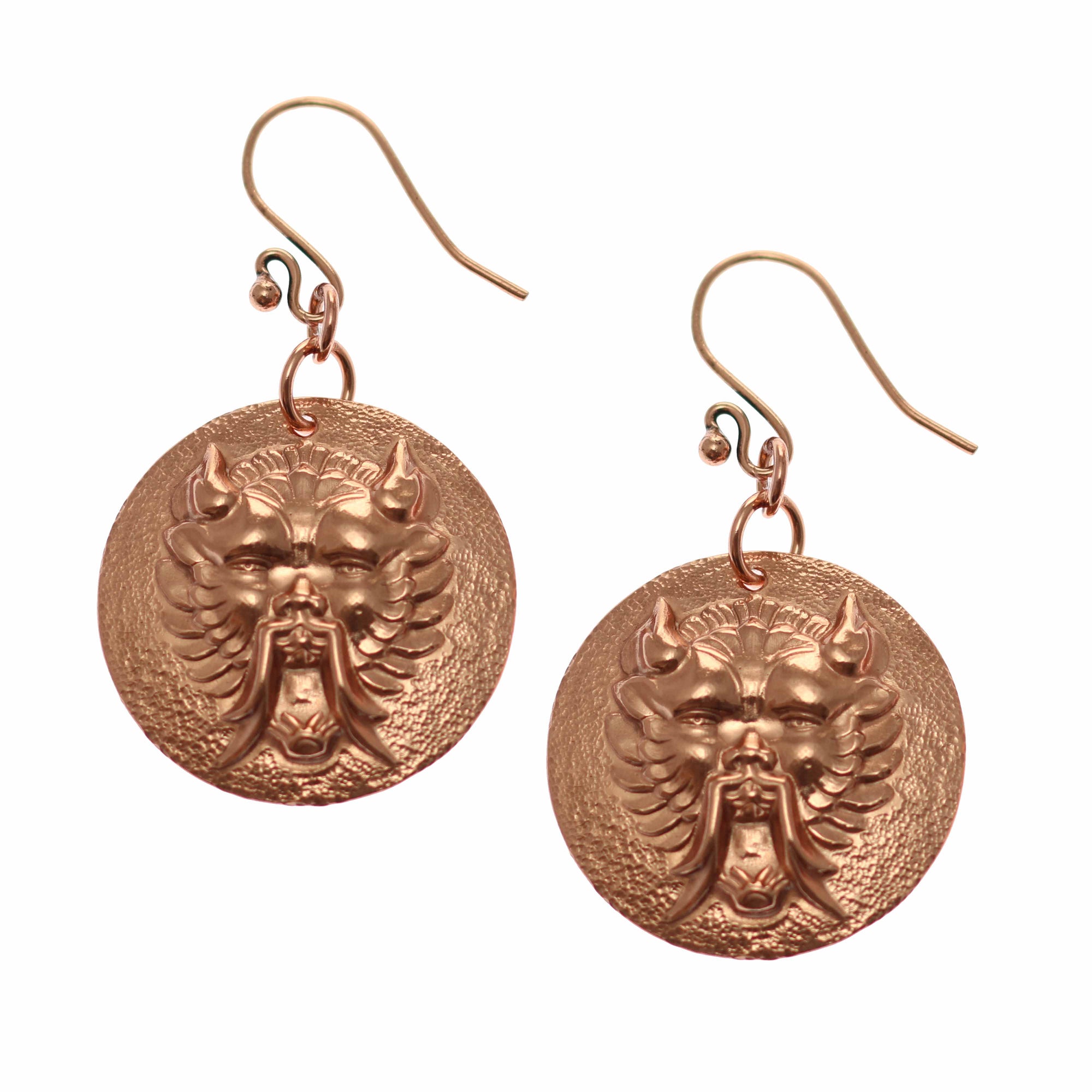 A Pair of Chinese Foo Dog Copper Disc Earrings on a White Background