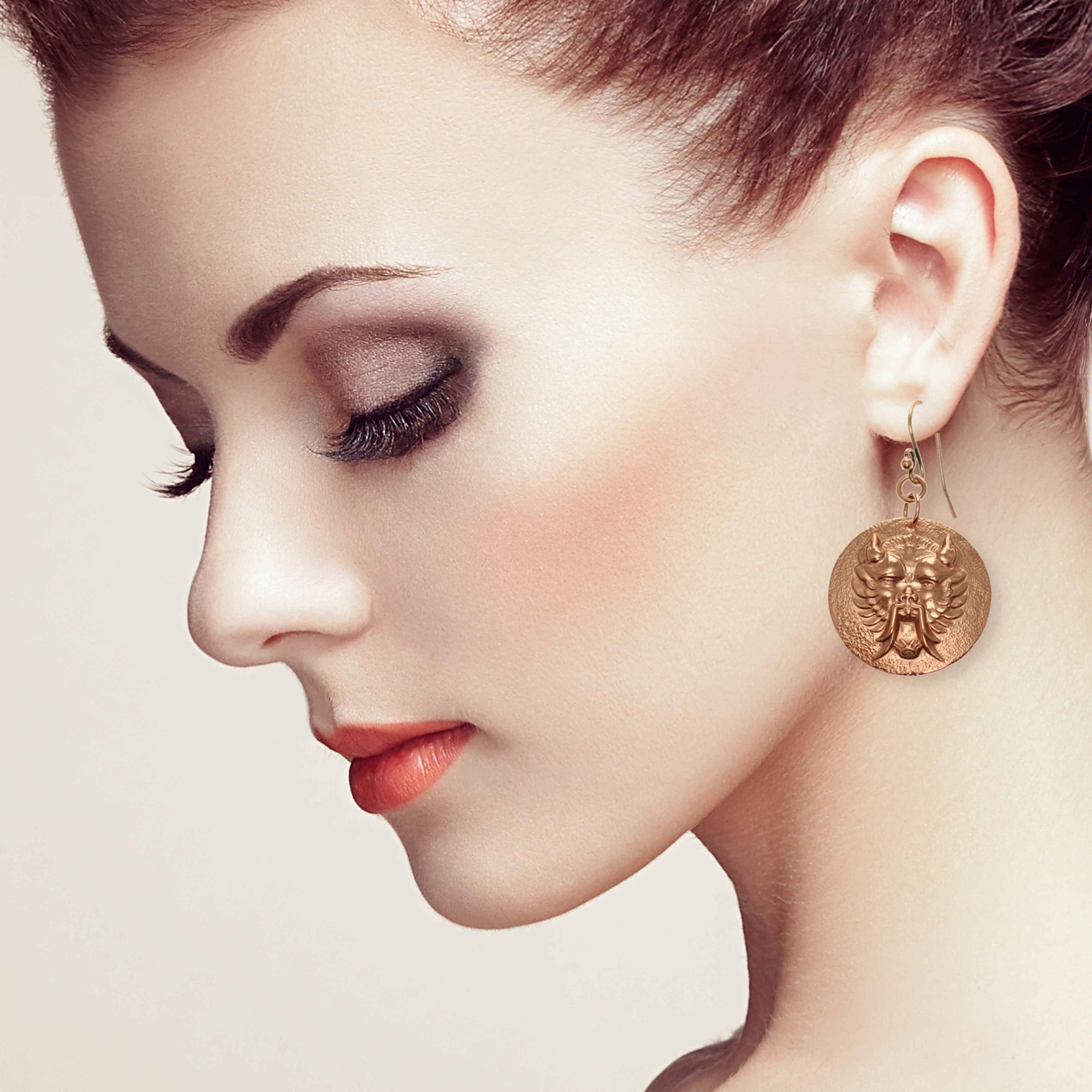 Stunning Redhead Wearing Chinese Foo Dog Copper Disc Earrings