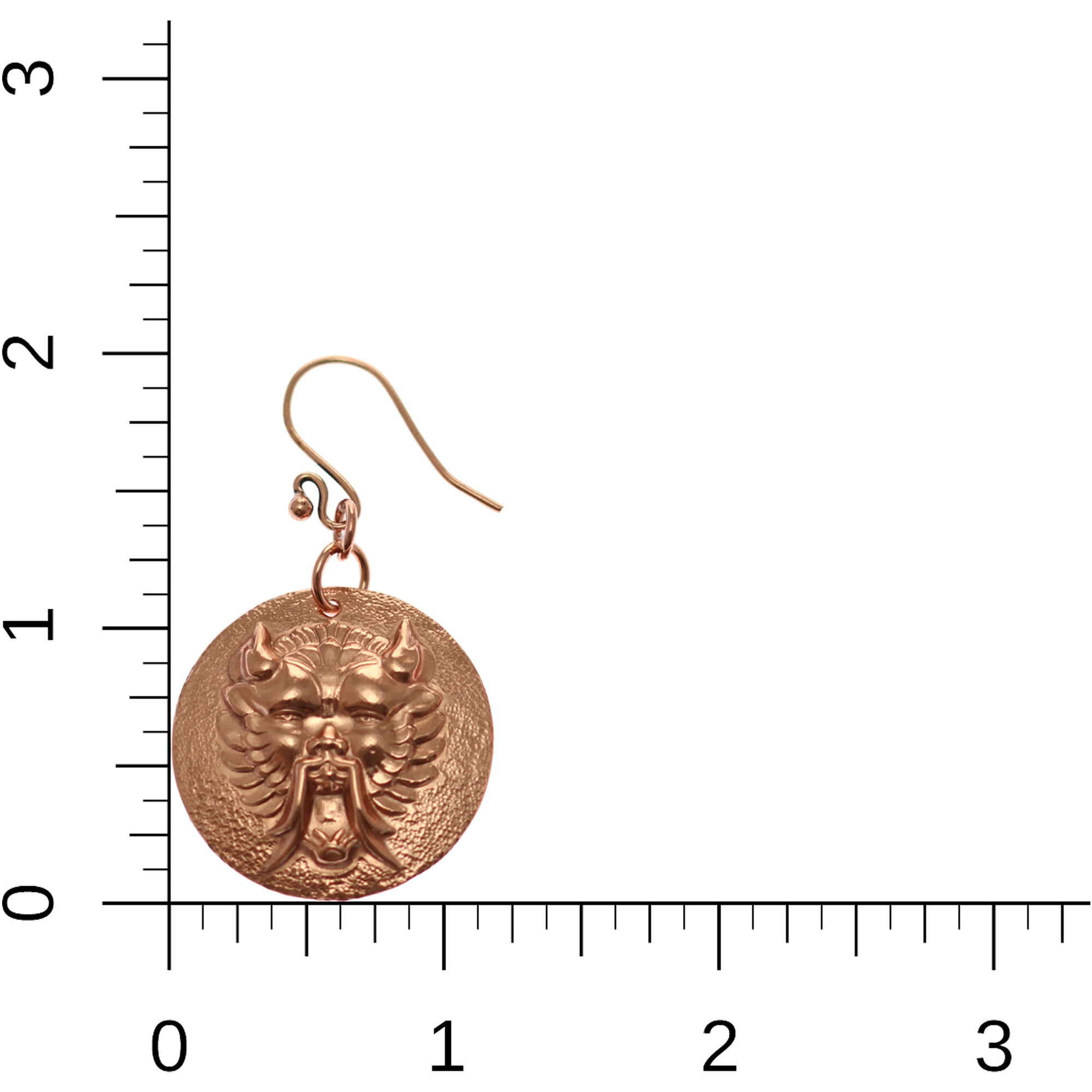 Chinese Foo Dog Copper Disc Earrings on Ruler for Size Dimensions