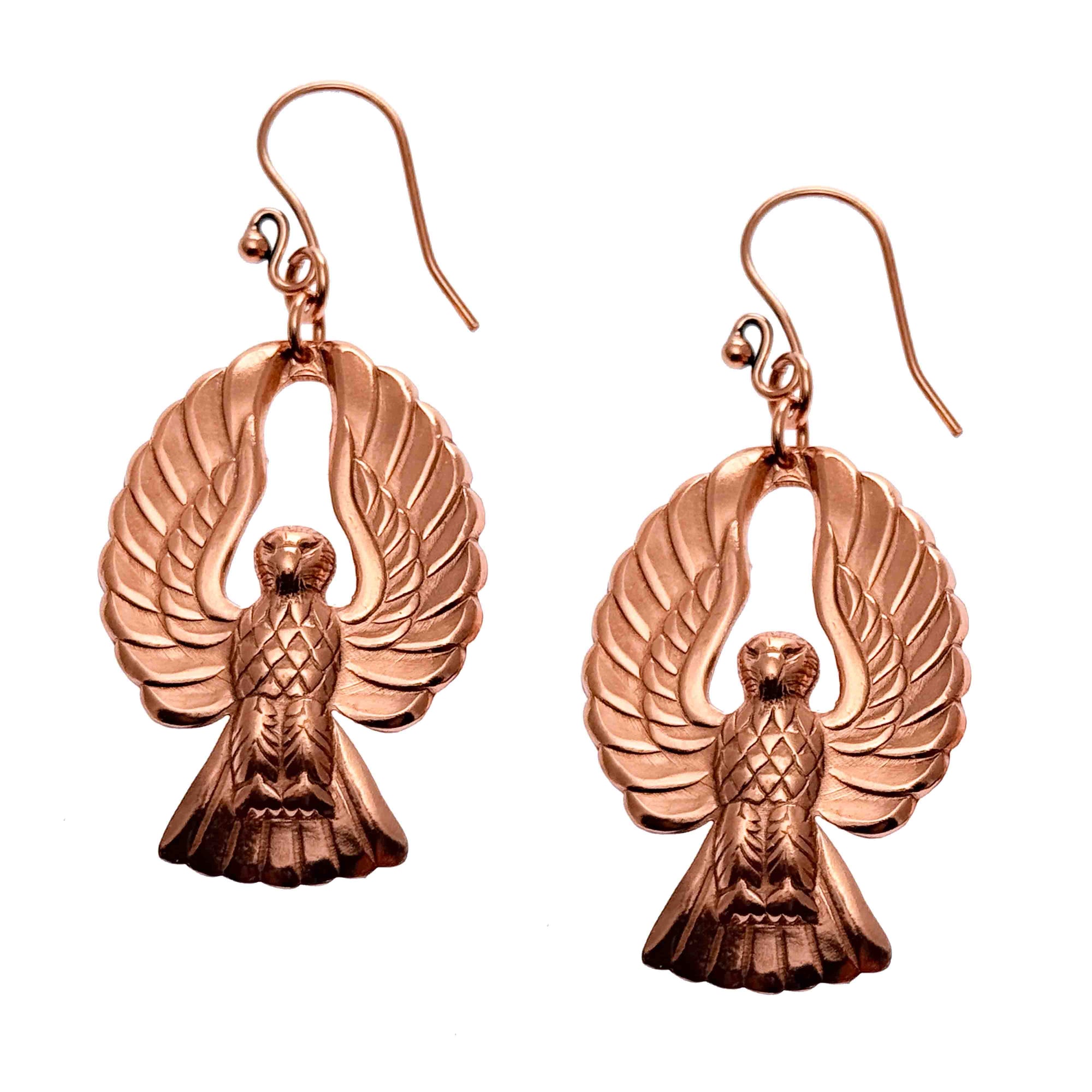 A Pair of Copper Phoenix Firebird Drop Earrings on a White Background