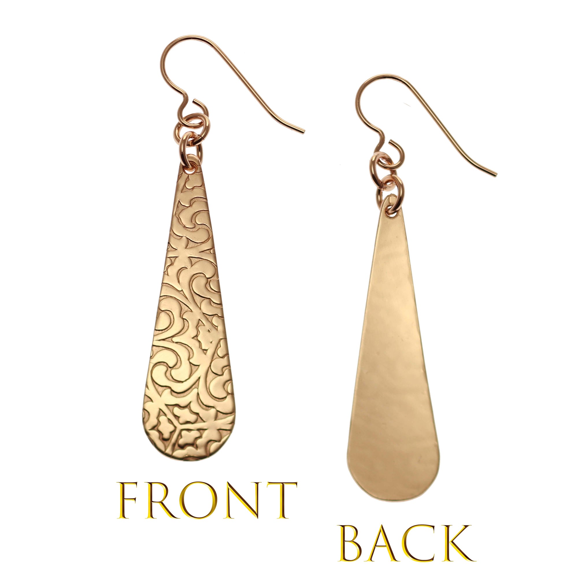 Damask Embossed Bronze Long Teardrop Earrings Front and Back Views