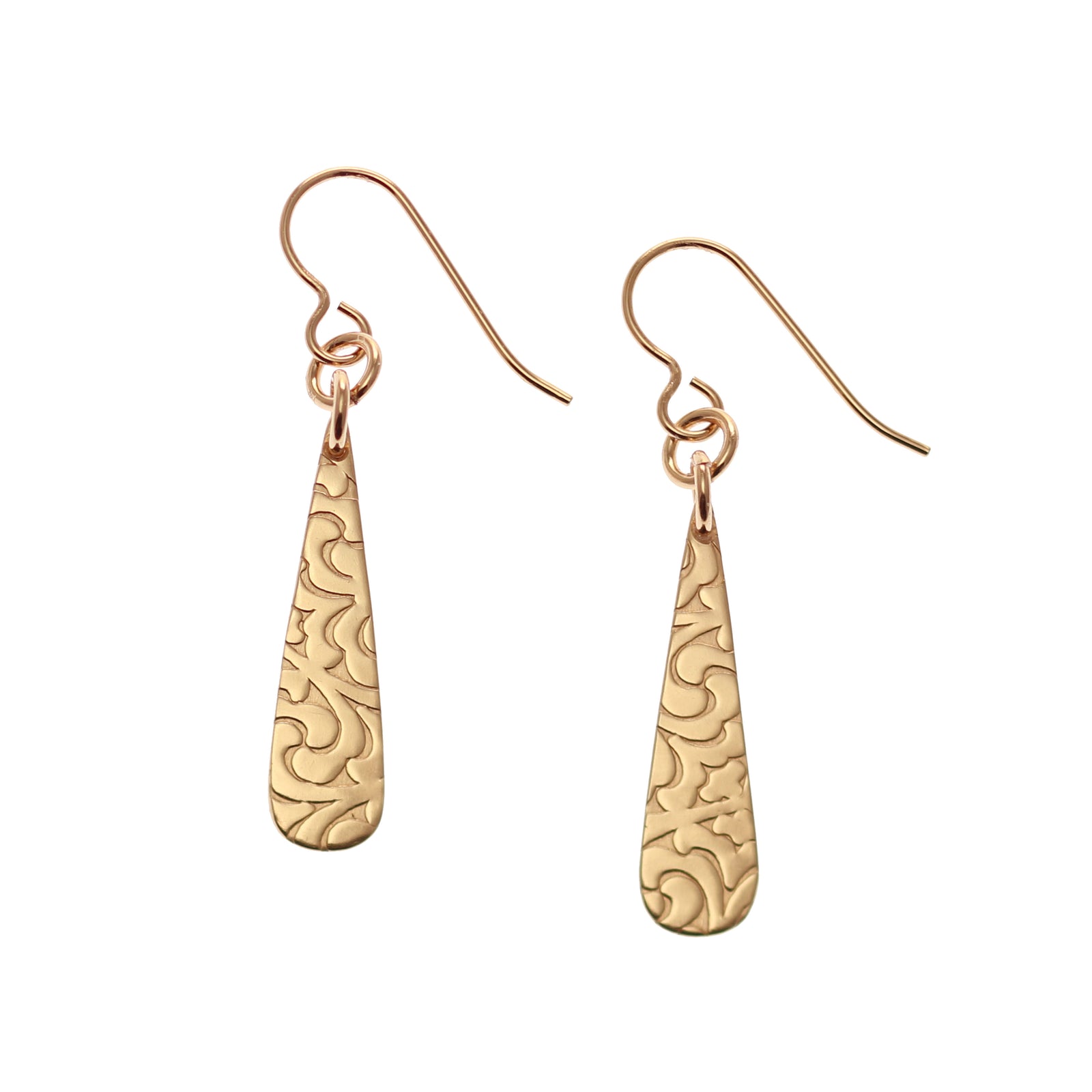 A Pair of Damask Embossed Mini Bronze Teardrop Earrings on a White Background