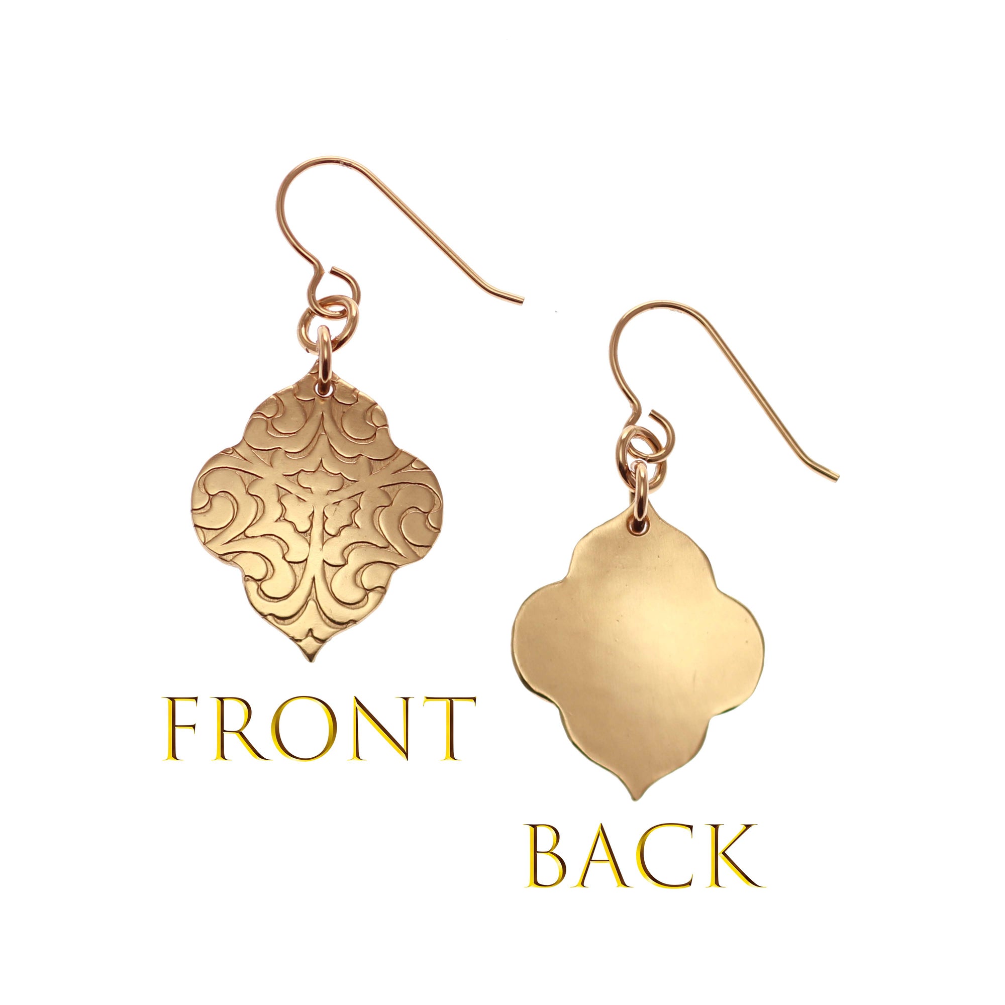 Damask Embossed Bronze Quatrefoil Drop Earrings Front and Back Views