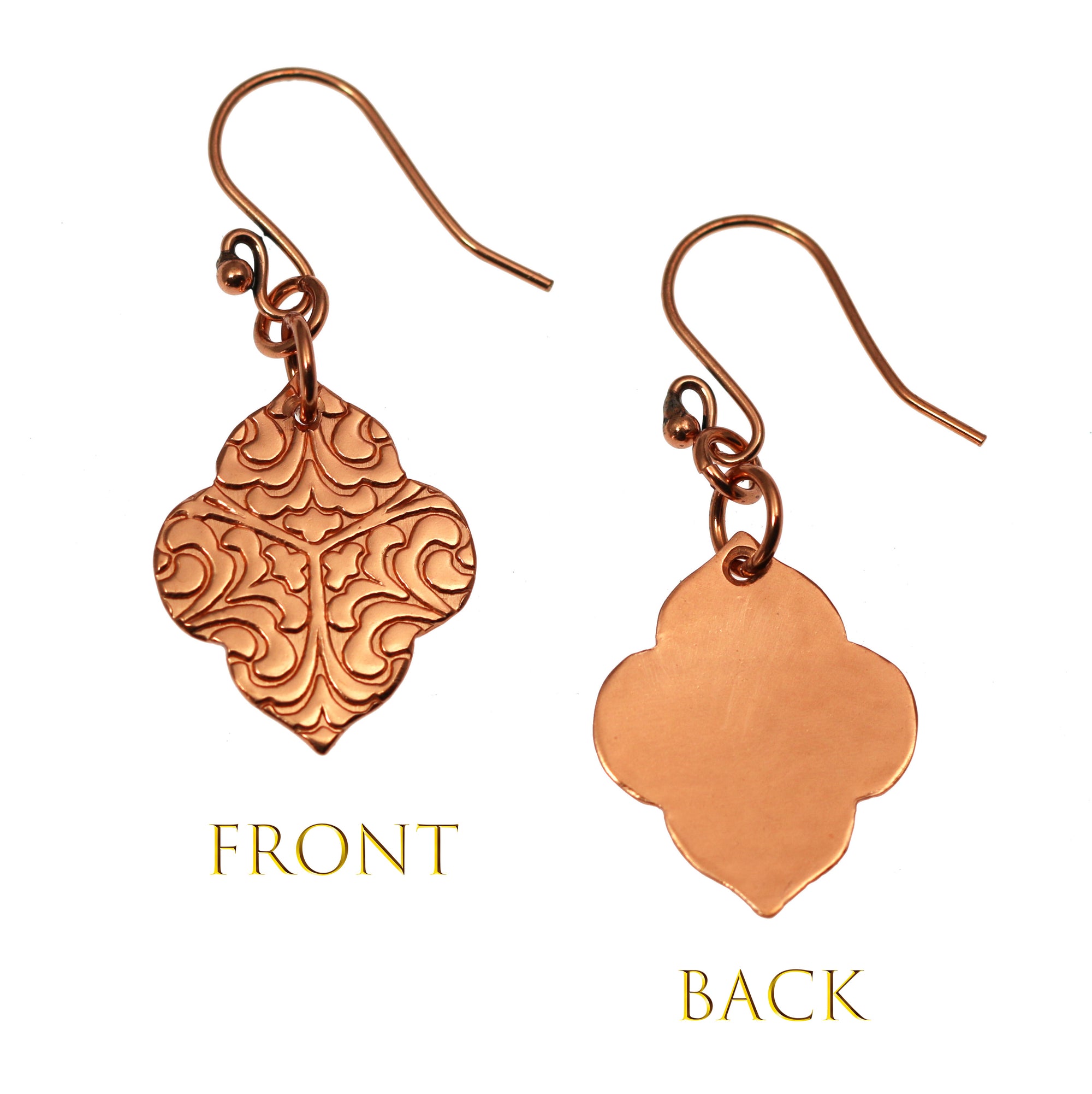 Damask Embossed Copper Quatrefoil Drop Earrings