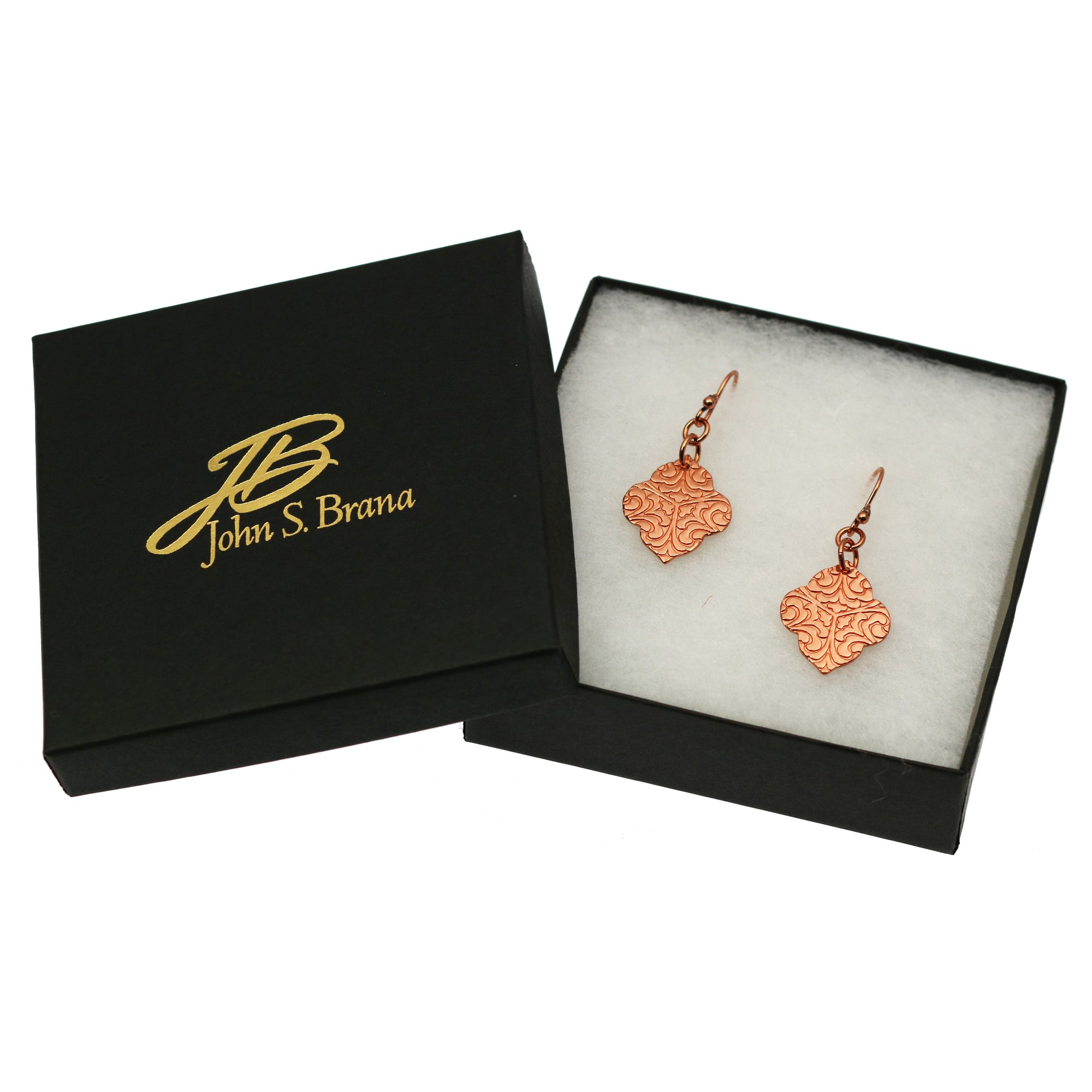 Damask Embossed Copper Quatrefoil Drop Earrings in Black Gift Box