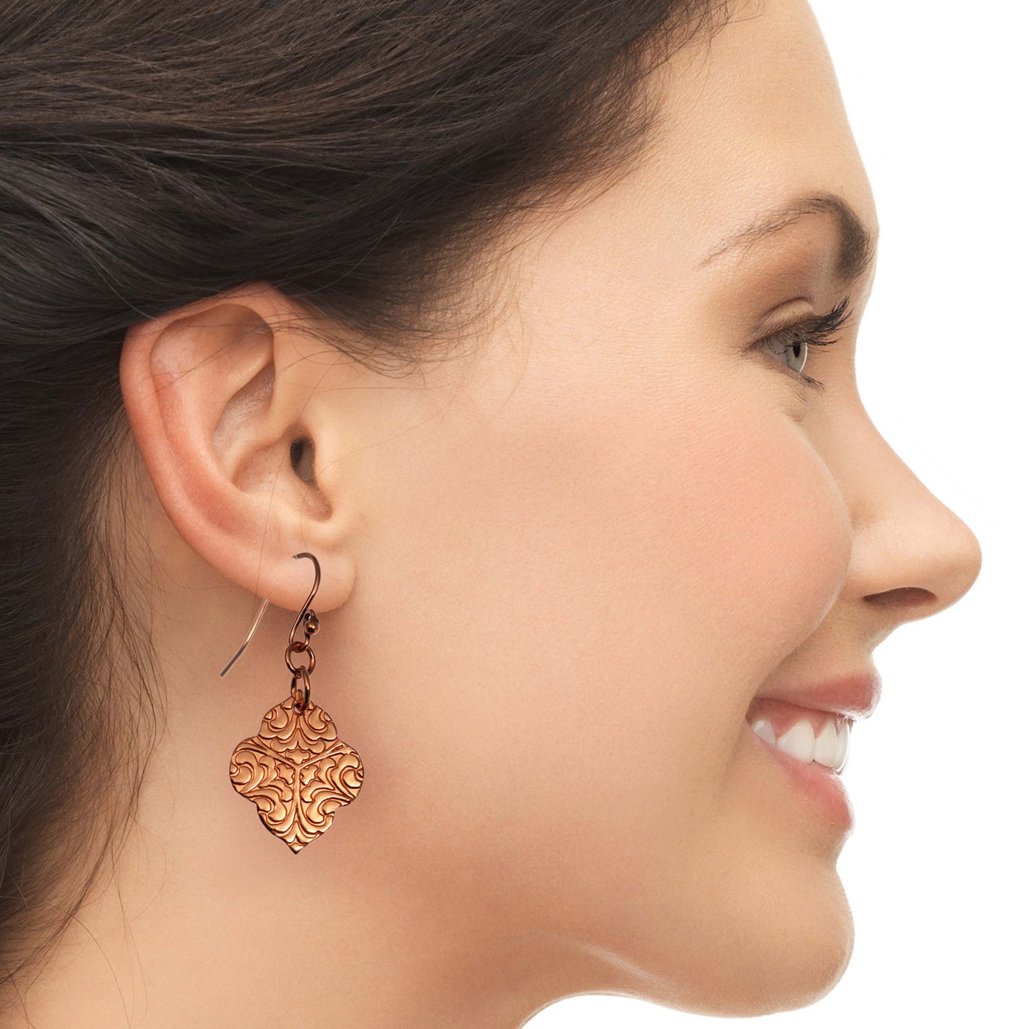 Elegant Woman Wearing Damask Embossed Copper Quatrefoil Drop Earrings