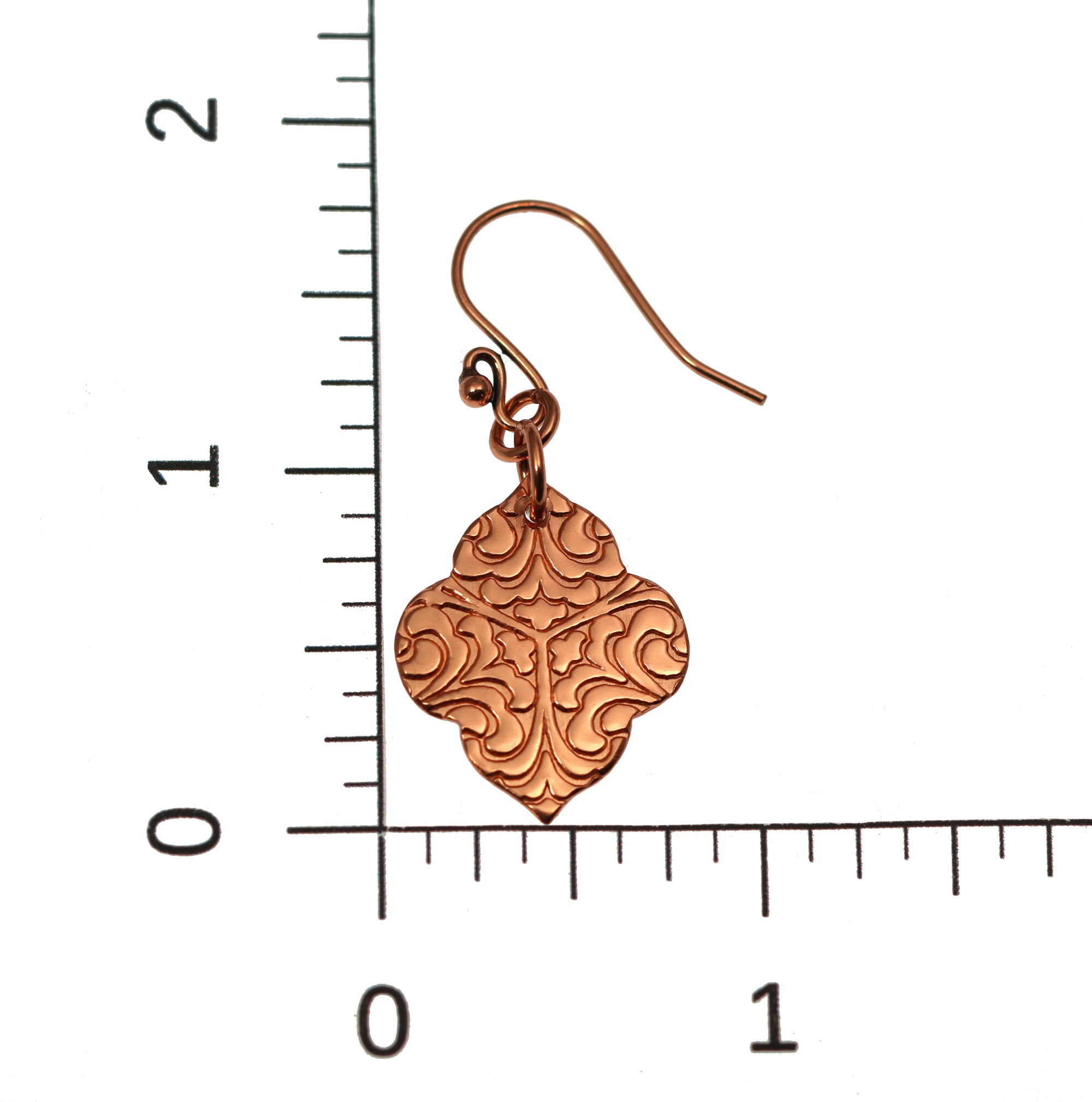 Damask Embossed Copper Quatrefoil Drop Earrings on Ruler for Size Dimensions