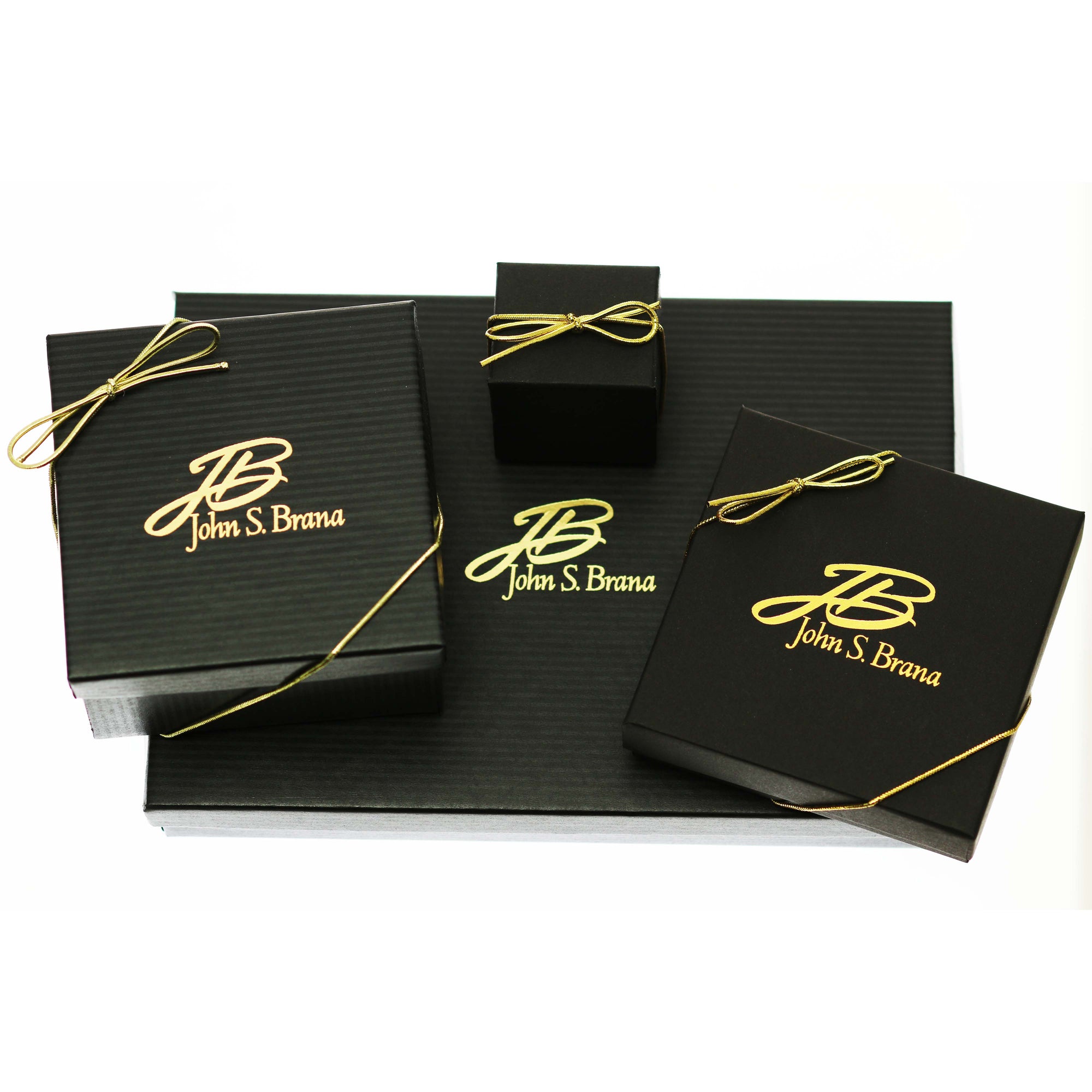 John S. Brana Gift Packaging - Black Gift Boxes with Gold Logo and Ribbon