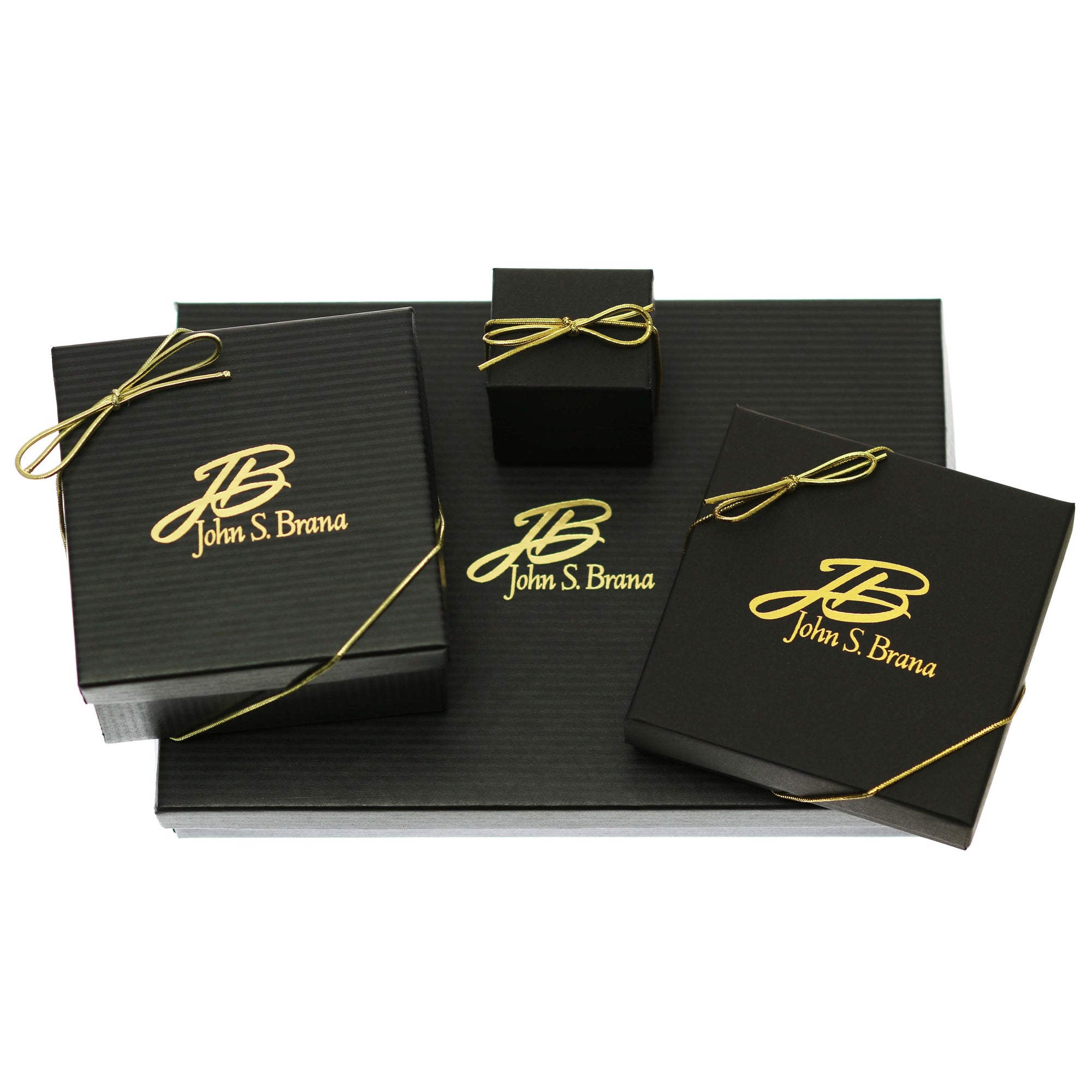 John S. Brana Gift Boxes with gold ribbon and a gold logo. Perfect for gifting or adding a touch of elegance.