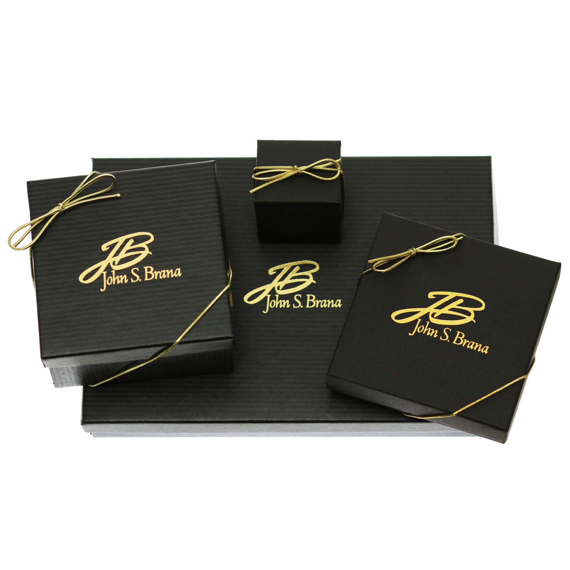 Various Sized John S. Brana Gift Boxes with Gold Ribbon and Embossed Logo