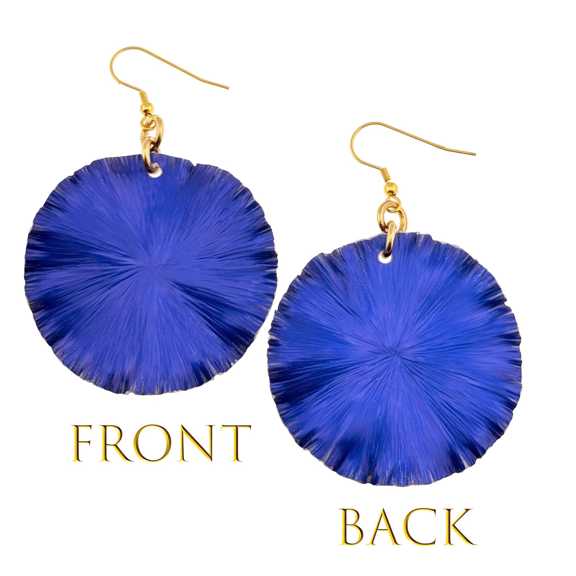 Front and Back Views of Large Cobalt Blue Lily Pad Anodized Aluminum Leaf Earrings