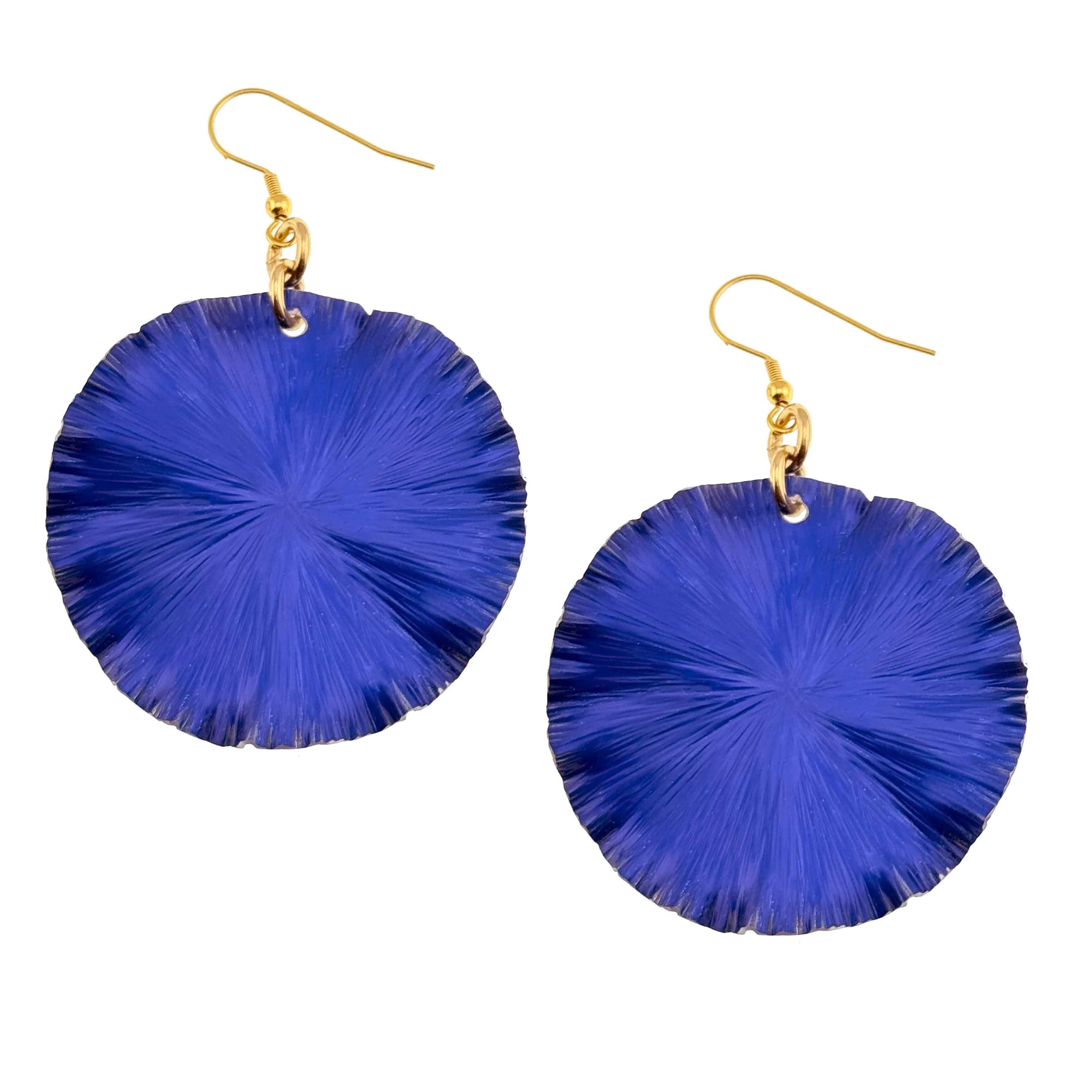 A Pair of Large Cobalt Blue Lily Pad Anodized Aluminum Leaf Earrings on a White Background