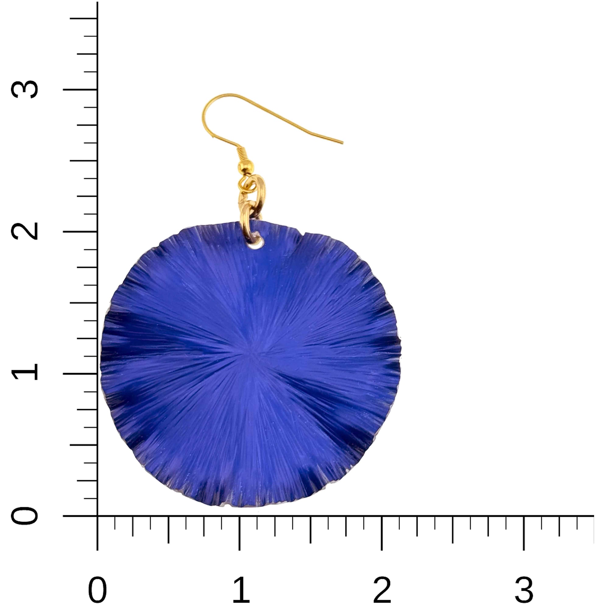 Large Cobalt Blue Lily Pad Anodized Aluminum Leaf Earrings on a Ruler for Size Dimensions