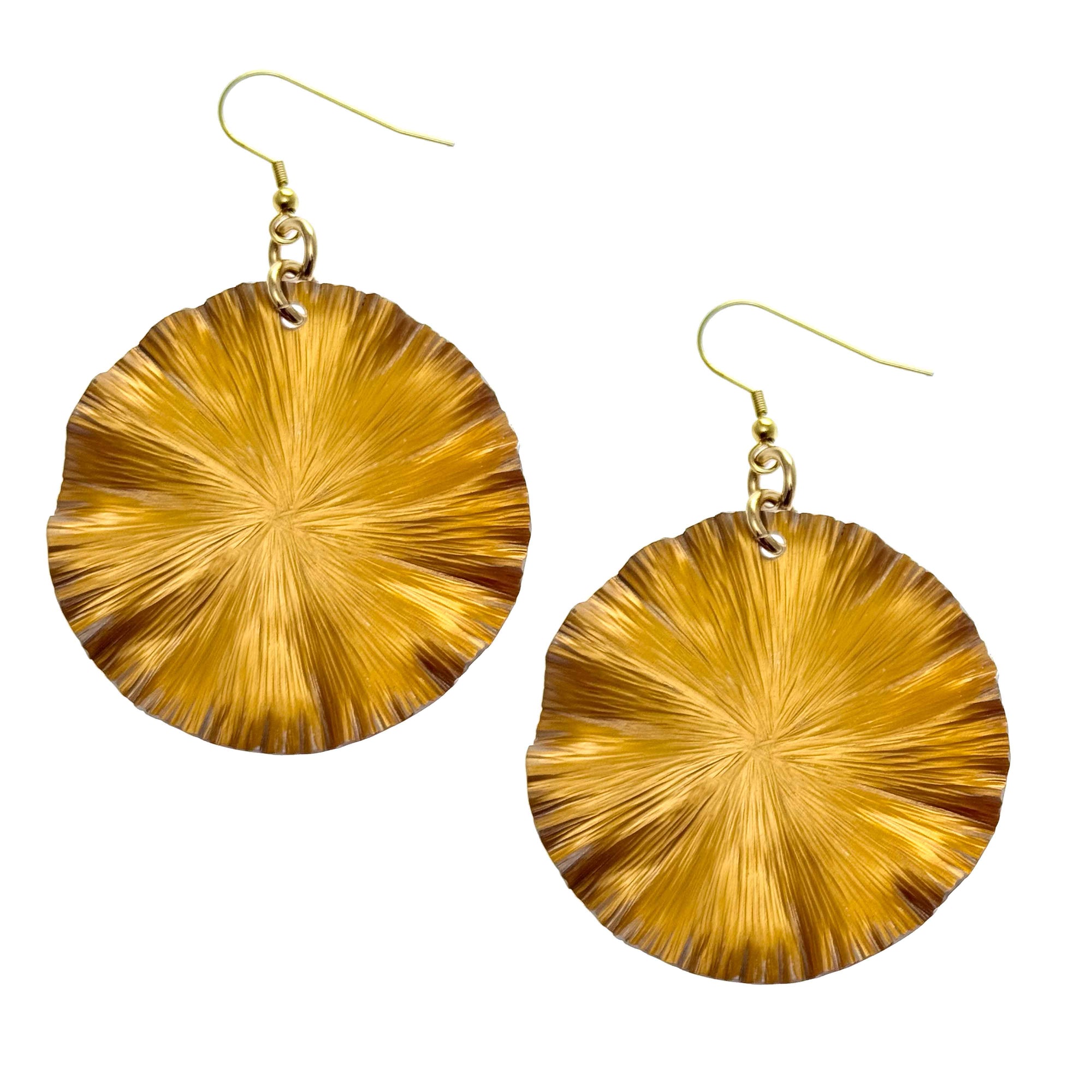 A Pair of Large Light Orange Anodized Lily Pad Drop Earrings on a White Background