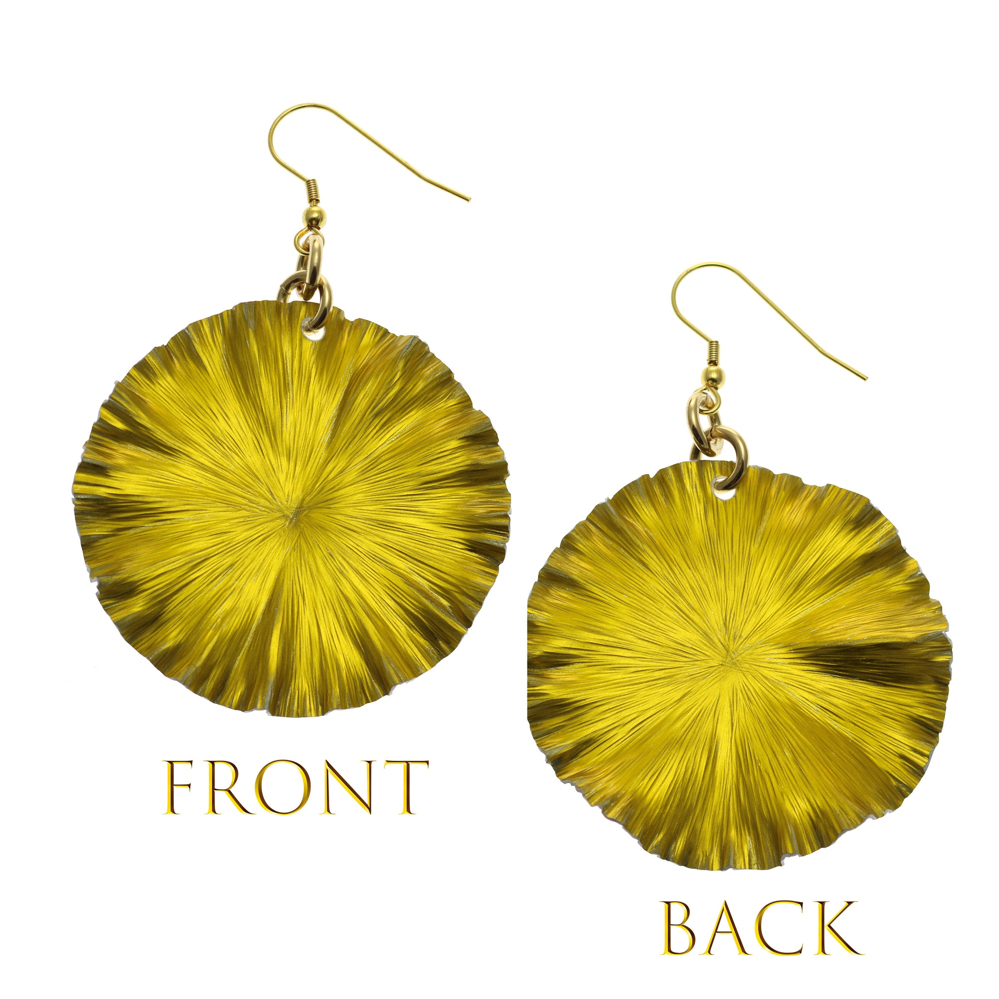 Front and Back Views of Large Canary Yellow Lily Pad Anodized Aluminum Leaf Earrings