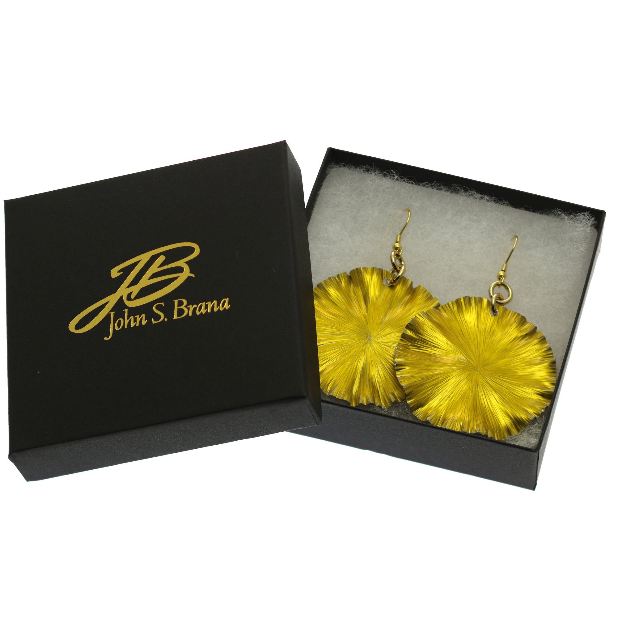 Large Canary Yellow Lily Pad Anodized Aluminum Leaf Earrings in a Black Gift Box with Gold Logo