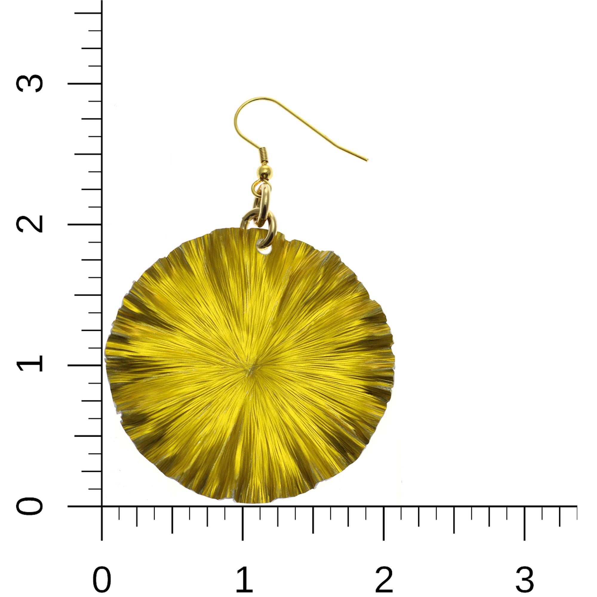 Large Canary Yellow Lily Pad Anodized Aluminum Leaf Earrings on a Ruler for Size Dimensions