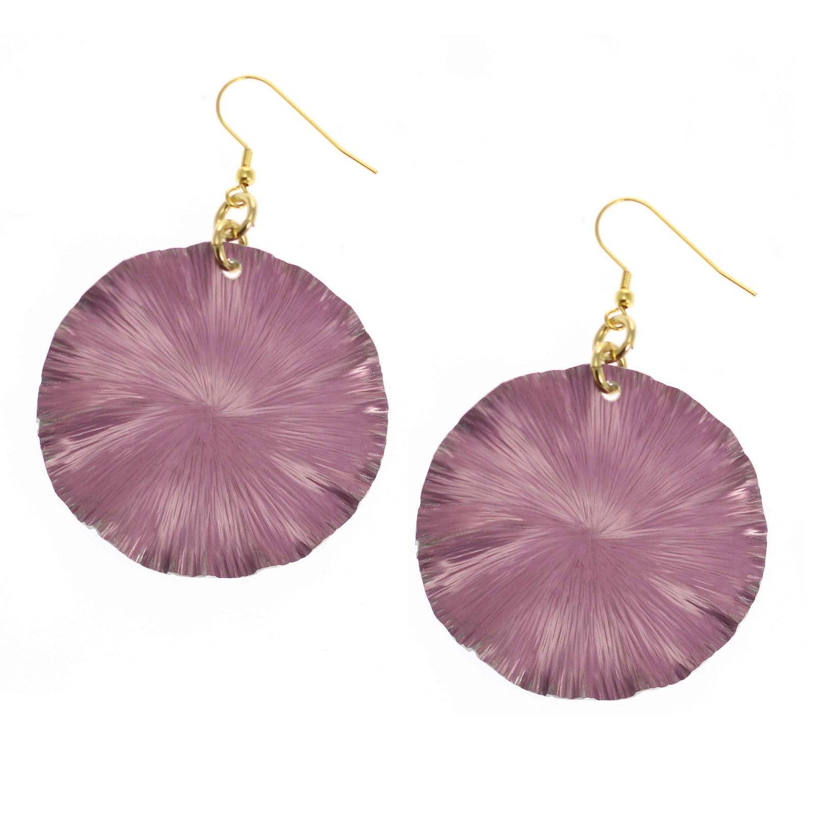 A Pair of Large Mauve Anodized Aluminum Large Lily Earrings on a White Background