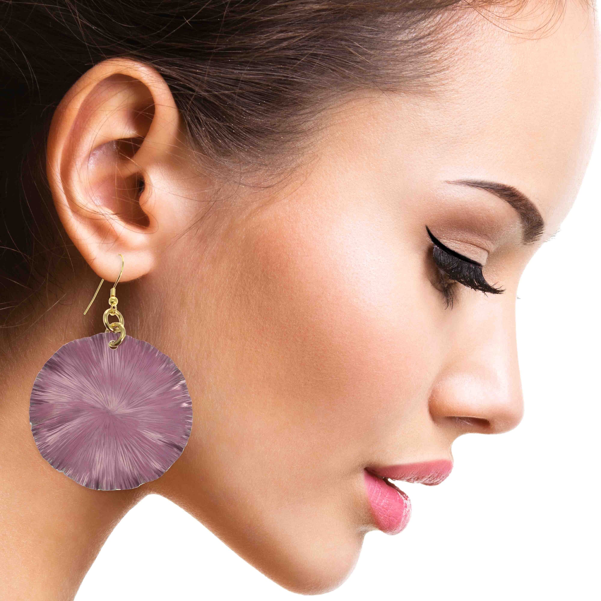 An Elegant Woman Wearing Large Mauve Anodized Aluminum Large Lily Earrings