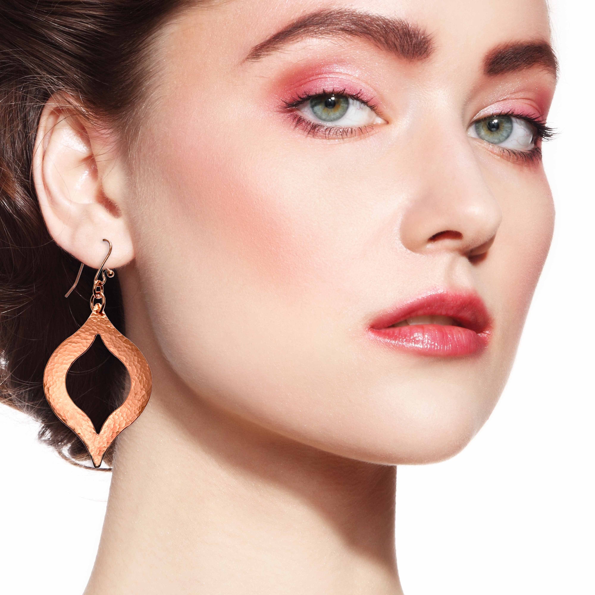 A Stunning Woman Wearing Large Pierced Hammered Copper Marrakesh Earrings