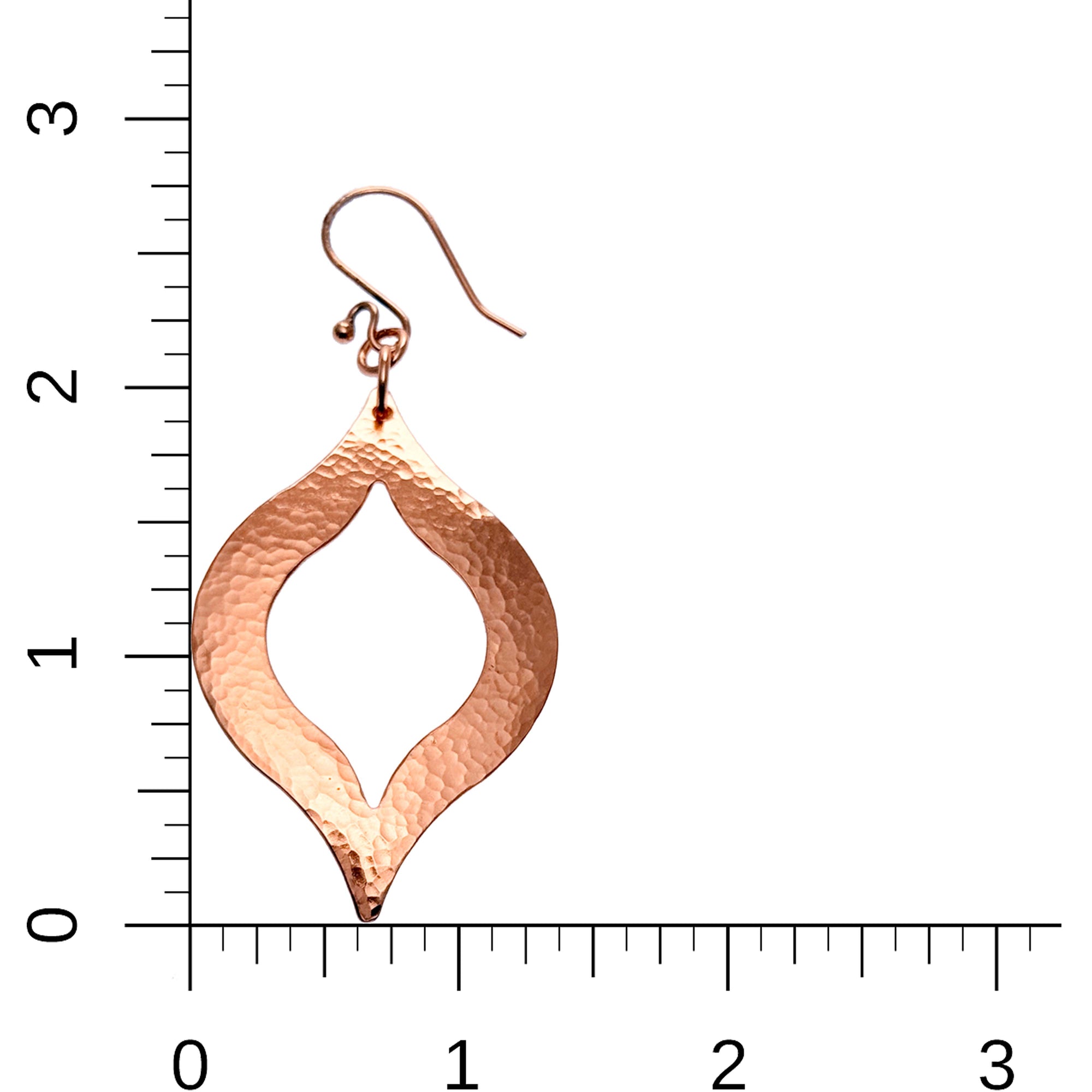 Large Pierced Hammered Copper Marrakesh Earrings on a Ruler for Size Dimensions