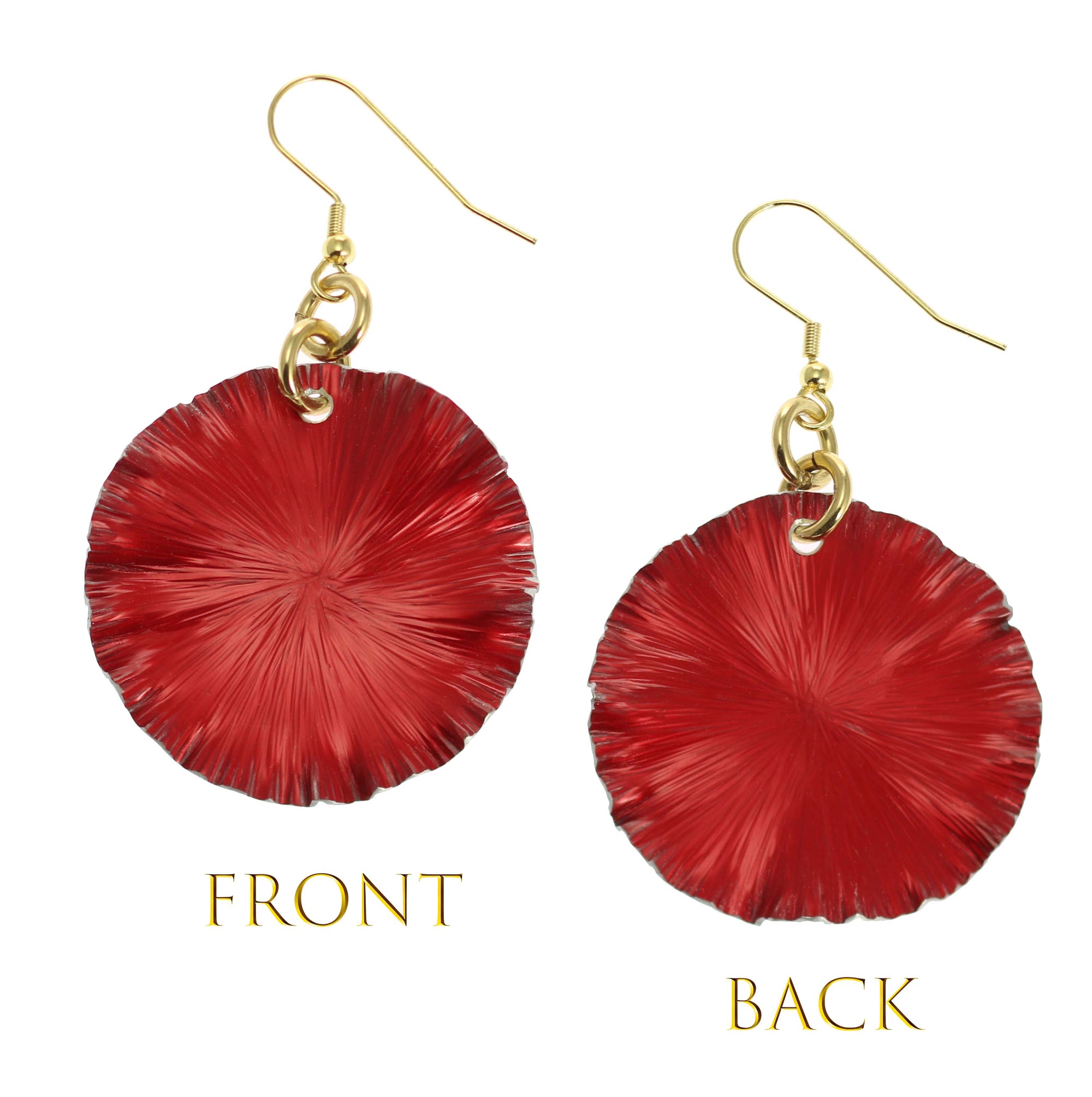 Front and Back Views of Large Red Anodized Aluminum Lily Pad Earrings