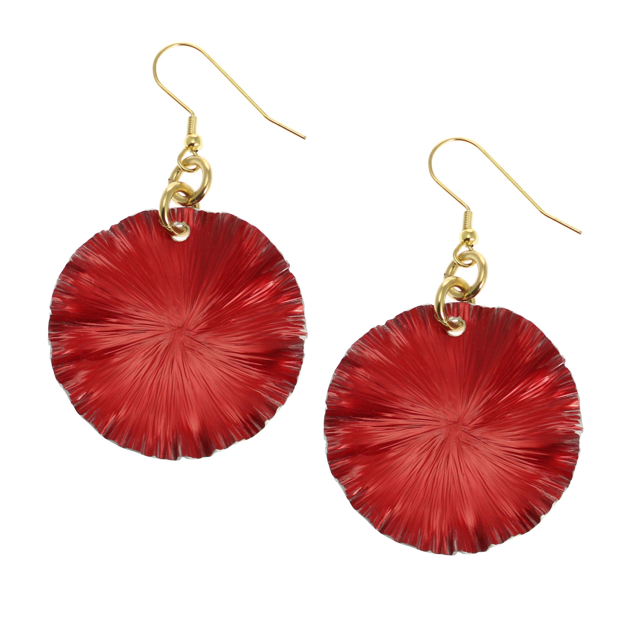 A Pair of Large Red Anodized Aluminum Lily Pad Earrings on a White Background