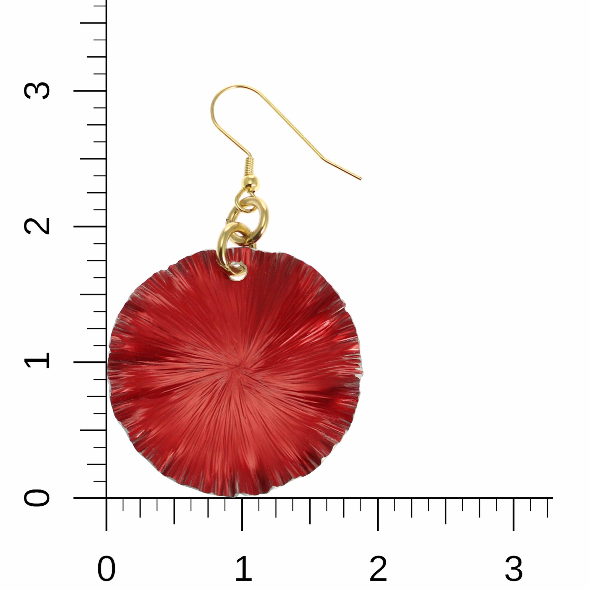 Large Red Anodized Aluminum Lily Pad Earrings on a Ruler for Size Dimensions