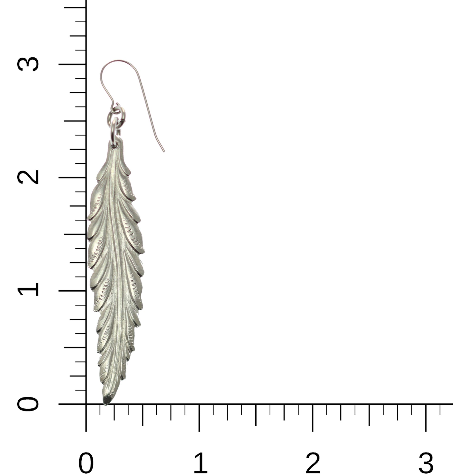 Long Feather Aluminum Drop Earrings on Ruler for Size Dimensions